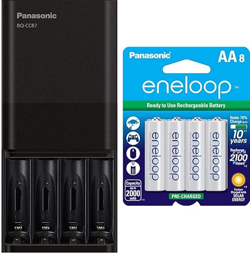 Panasonic BQ-CC87AKBBA Eneloop pro Cargador de batería individual avanzado y Panasonic BK-3MCCA8BA AA 2100 Ciclo Ni-MH baterías recargables