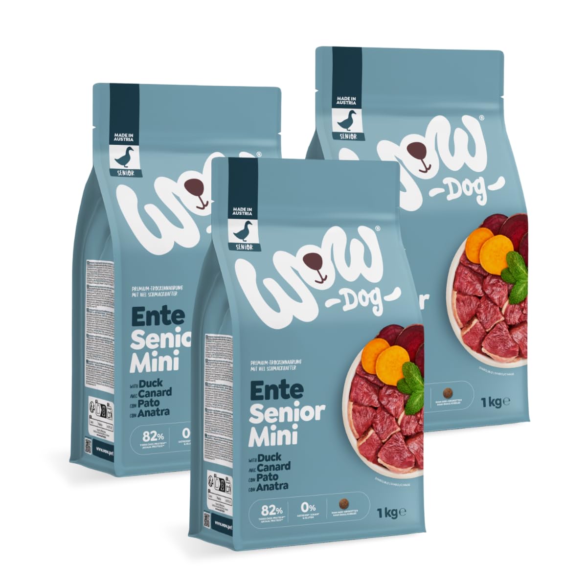 WOW Dog Senior Hunde Trockenfutter Minis mit Ente 3 x 1kg | ohne Getreide