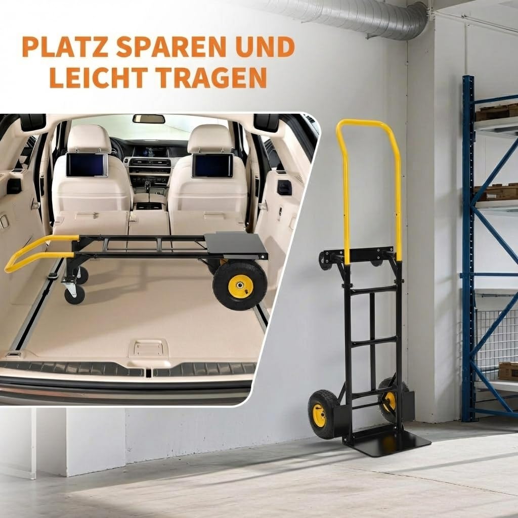 2-in-1 Transportwagen Handwagen Faltbar Mit 4 Pannensicheren Rädern, Schwerlast Tragkraft 362kg – Ideal Für Umzug, Lager, Büro & Industrie, Schwarz Gelb