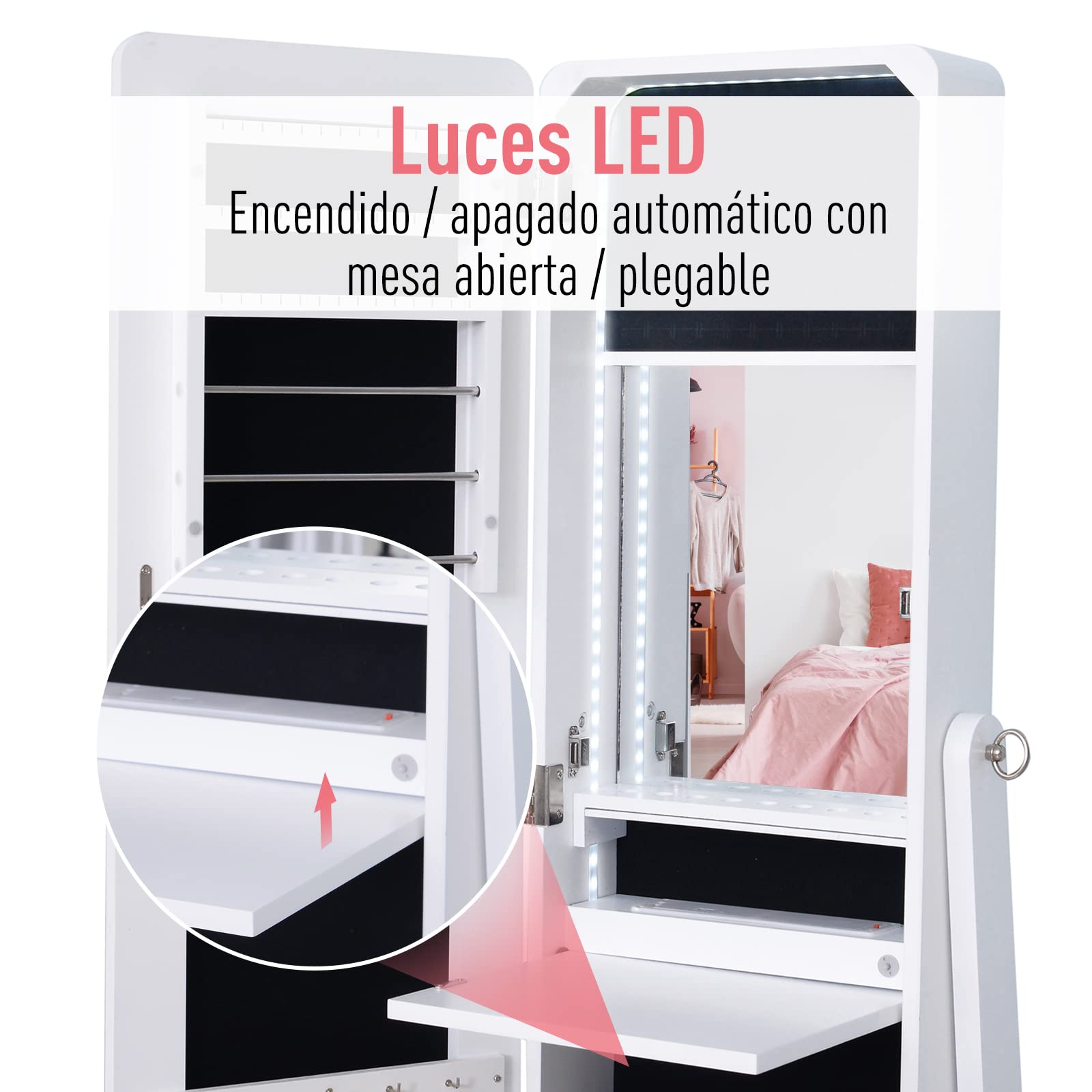 HOMCOM Joyero de Pie con Espejo Armario para Joyas Luces LED Reclinable Guardajoyas Anillos Pendientes Collares Madera 30x36x146cm Blanco