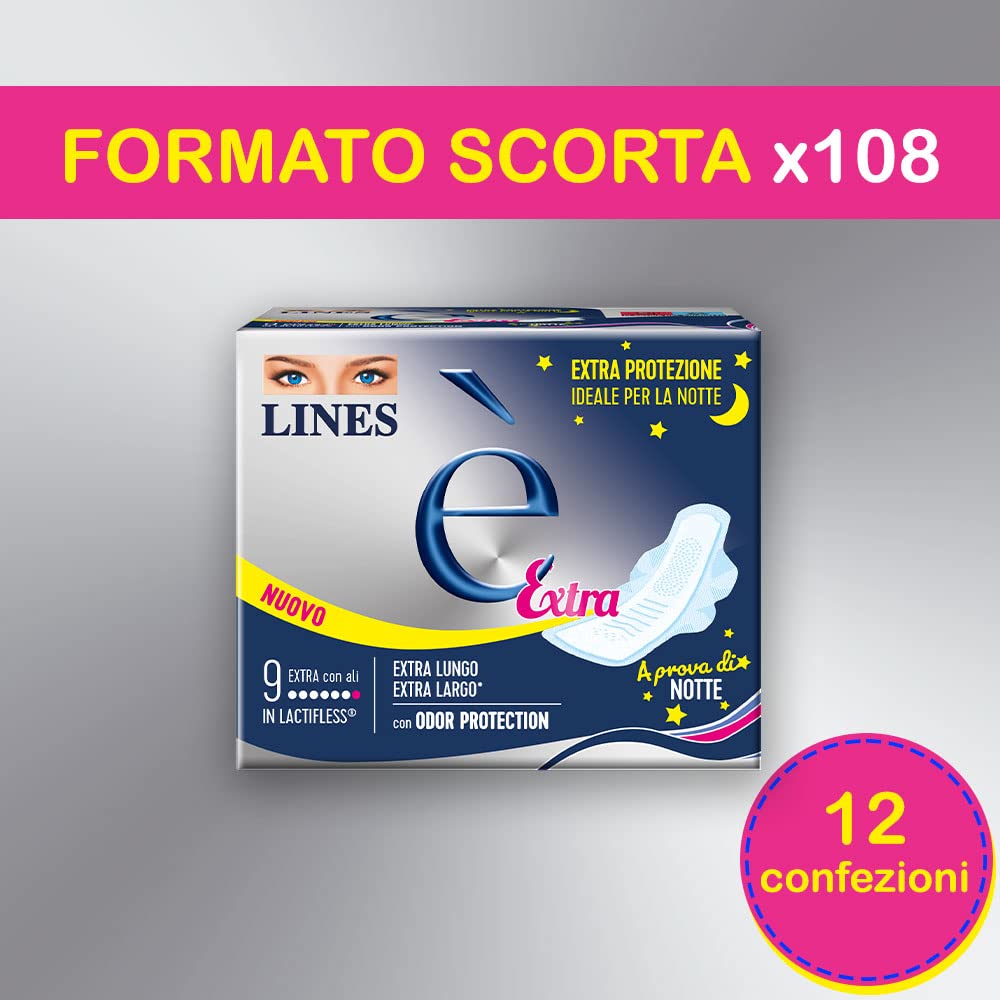 Lines Es extra con alas absorbentes de lactiflex, paquete de 108 piezas | El único absorbente con estructura de látex, el LINES es extra largo y extra ancho, con protección contra el olor