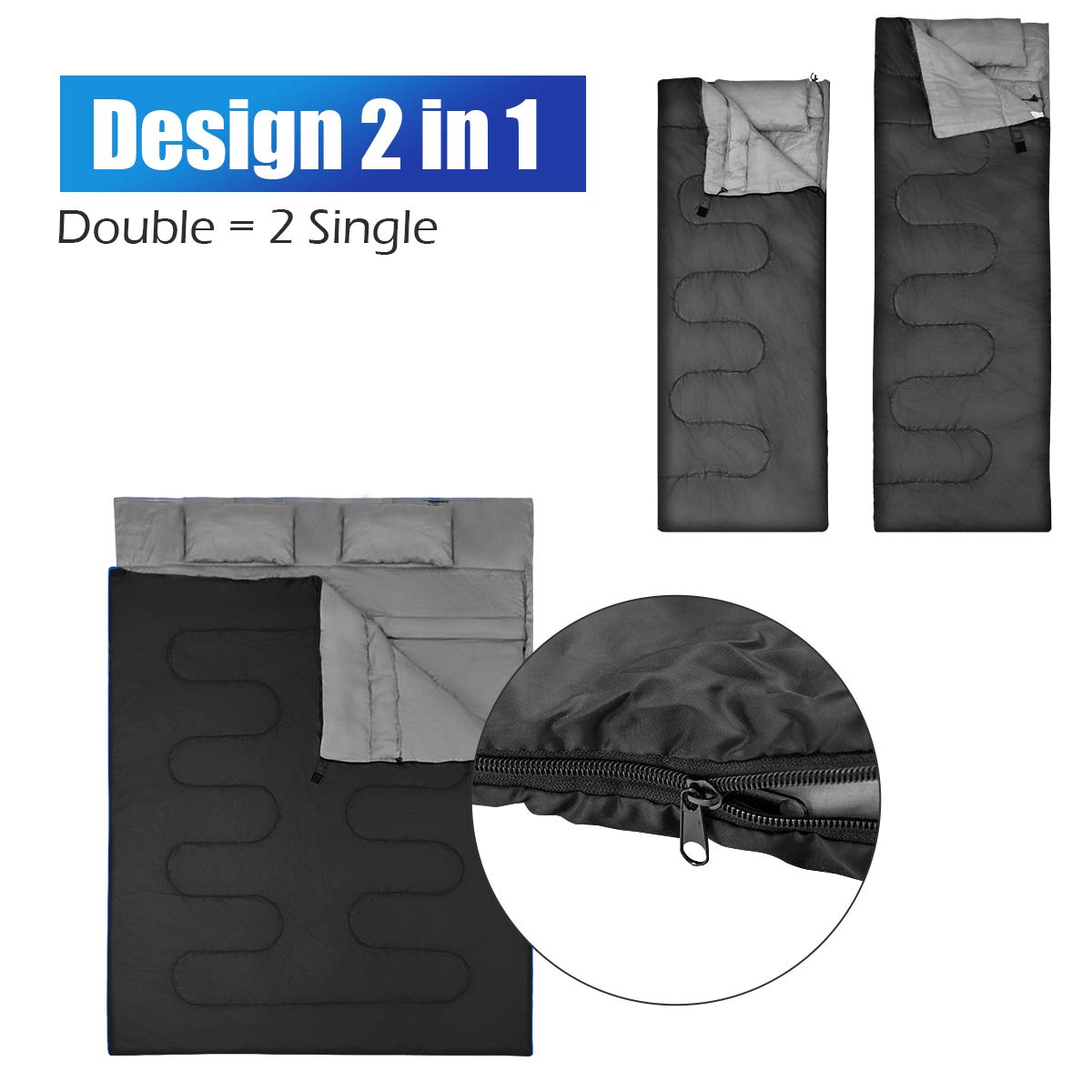 RELAX4LIFE Saco de Dormir Doble con 2 Almohadas y Bolsa de Transporte, Saco de Dormir Multifuncional con Bolsillos Laterales y Diseño Divisible para Adultos y Niños