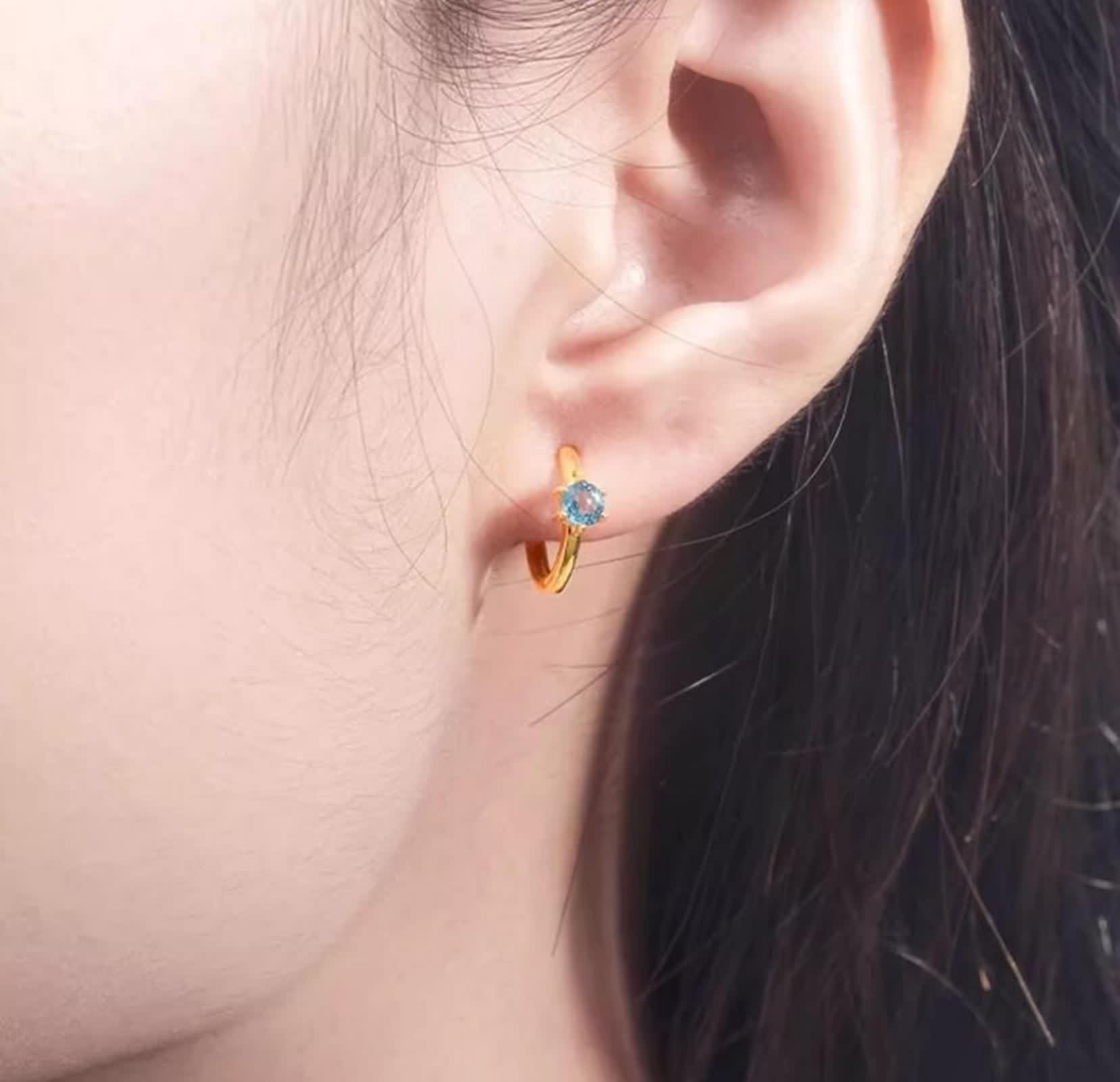 Pendientes de aro pequeños para mujer, pendientes vintage azul topacio 9 K/14 K/18 K oro amarillo