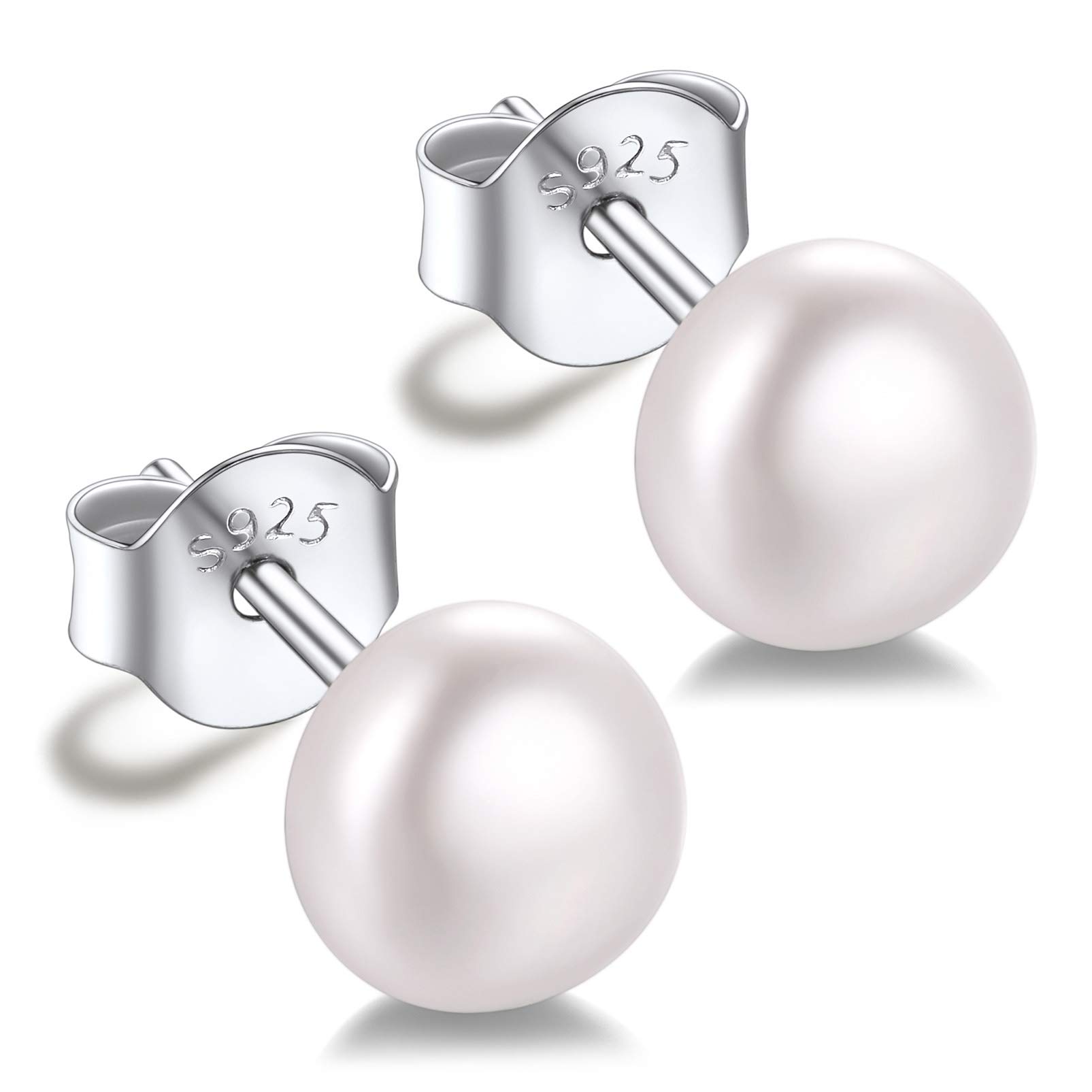SilvoraPearl Earrings, 925 Sterling Silver Studs for Women, 4mm 6mm 8mm 10mm Button Shape Freshwater Cultured Pearl Stud Earrings