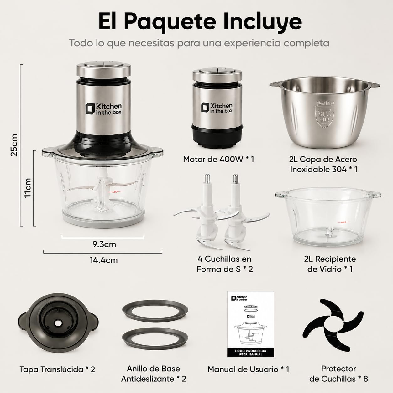 Kitchen in the box Picadora Eléctrica 400W, 2 Velocidades, 2 Cuencos de 2L: Vidrio + Acero Inoxidable, Cuchillas de Doble Nivel, Trituradora de Alimentos para Carne Verduras Frutos Secos