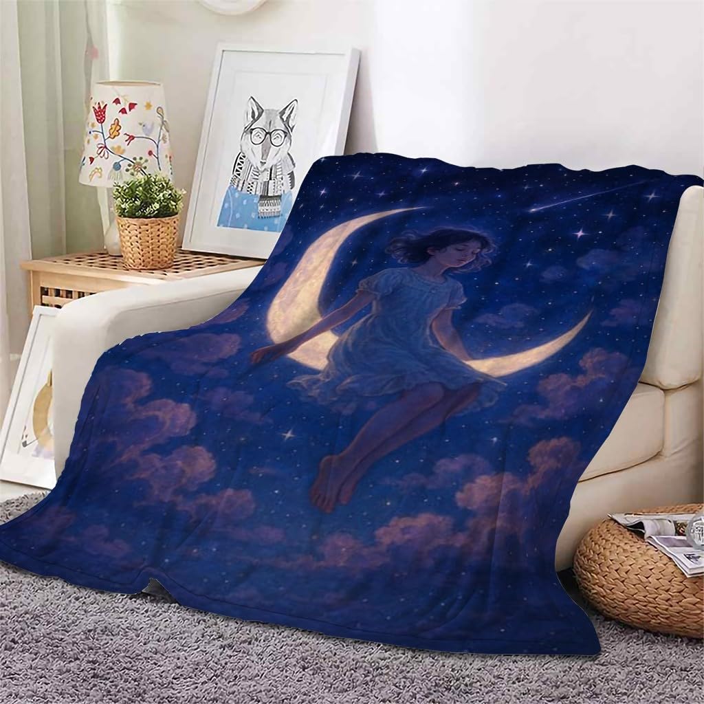 Generico Koc w kratę Niebieskie niebo podwójne łóżko gwiaździste niebo, koc 3D, dziewczyna 180 x 200 cm ciepły i miękki koc flanelowy, koce w kratę z polaru na łóżko sofę narzuta na łóżko i pokrowiec
