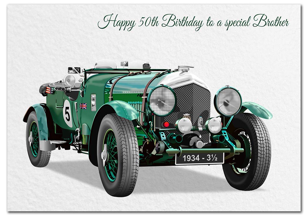 Extra Large Brother 50th Birthday Card - XL Big thick A4 size - Cool 1934 Vintage Classic Car Art - Special Age Year Traditional Greeting - Huge Happy Wishes Him Men Male - UK Eco-Friendly — image 1
