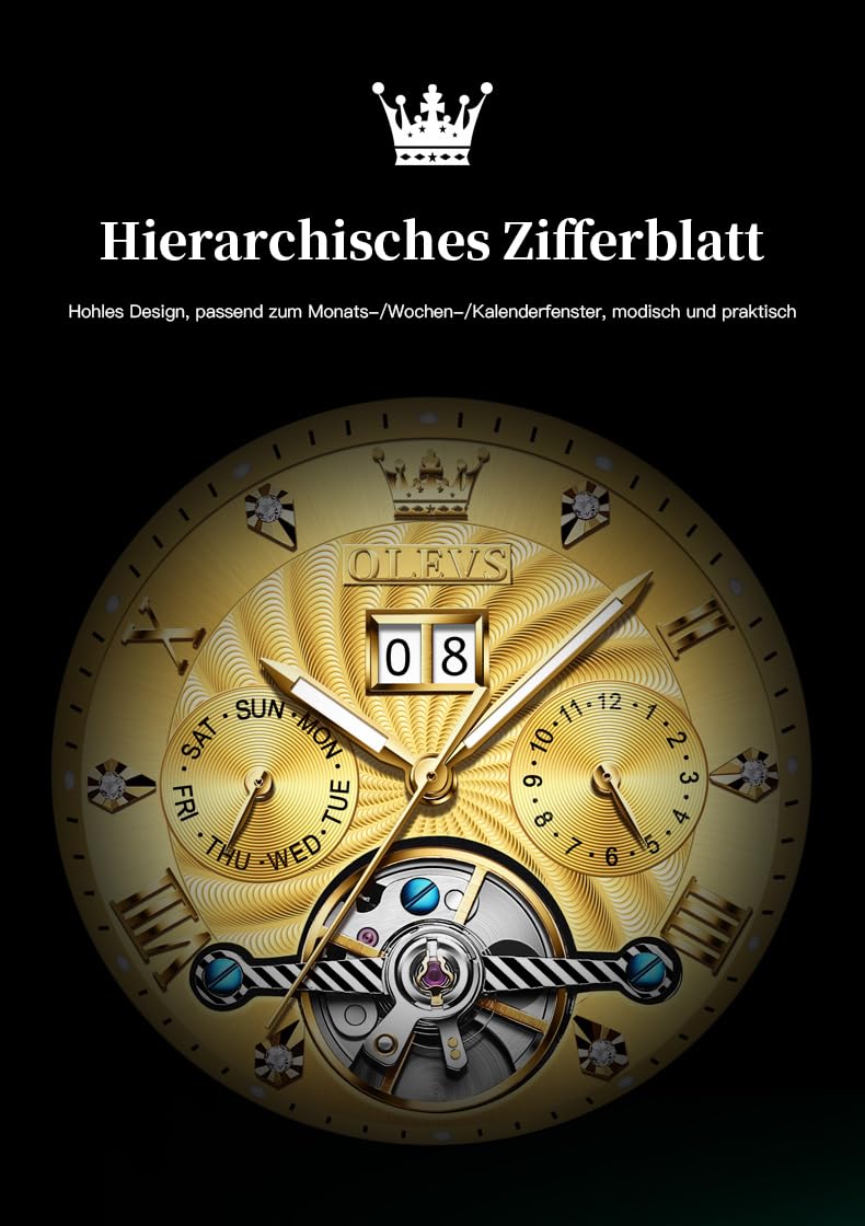 OLEVS Gold Automatikuhren für Herren Tourbillon Automatik Mechanik Luxus-Kleid Edelstahl Armband Leuchtend wasserdicht Herren-Armbanduhr