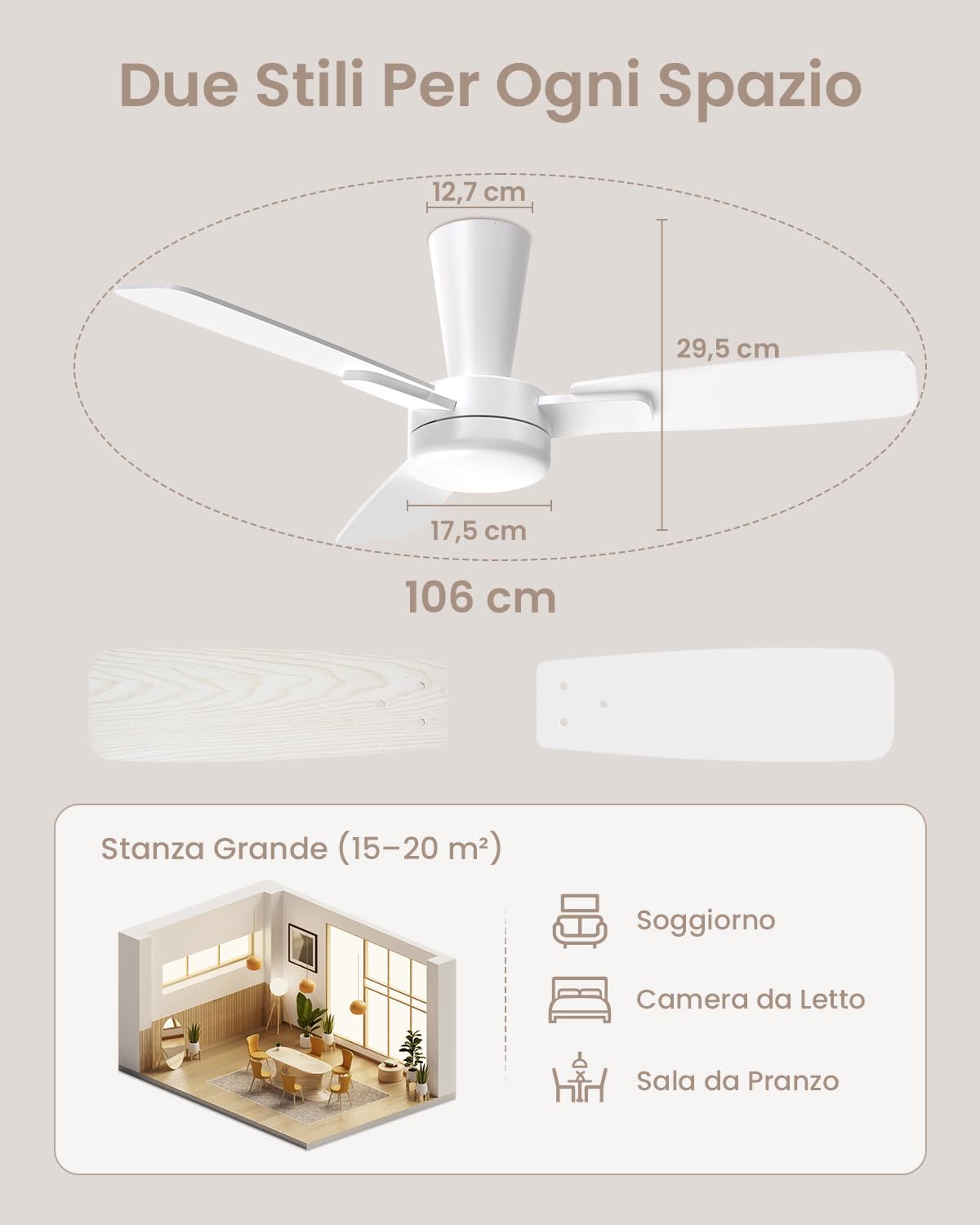 106cm Ventilatore da Soffitto con Luce Silenzioso, Pala a Incastro, Ventilatore da Soffitto con Telecomando e LED Dimmerabile Lampada per Camera Soggiorno, 6 Velocità, Motore DC Reversibile