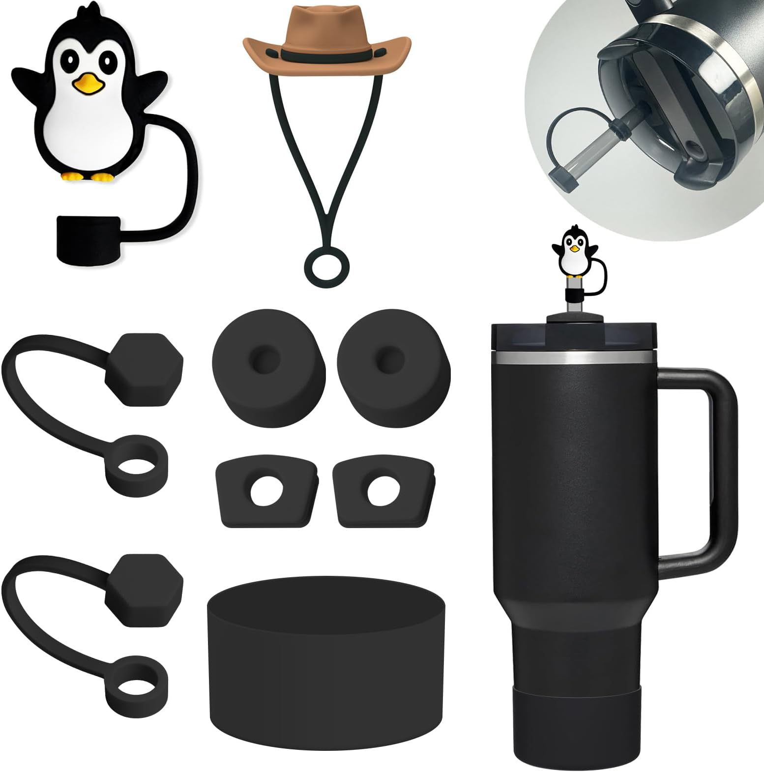 Stanley Cup Accessories Set Includs 6Pcs Silicone Spill Proof Stopper, 2Pcs Straw Cover Cap for 9-10 mm Straw, 1Pcs Silicone Boot for Stanley Cup 40oz&30oz Tumbler (Black)