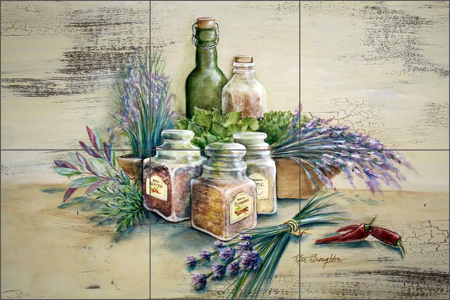Kitchen Herbs Ceramic Tile Mural Backsplash 18" x 12" - Spice of Life by Rita Broughton - Kitchen Decor