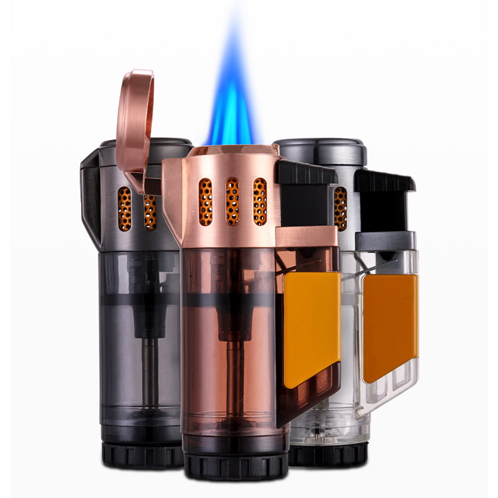 Encendedor Triple Jet Torch, Encendedor a Prueba de Viento, Encendedor de Gas Inflable Turbo, Tanque de Gas Transparente de Butano, Encendido de Cigarrillos