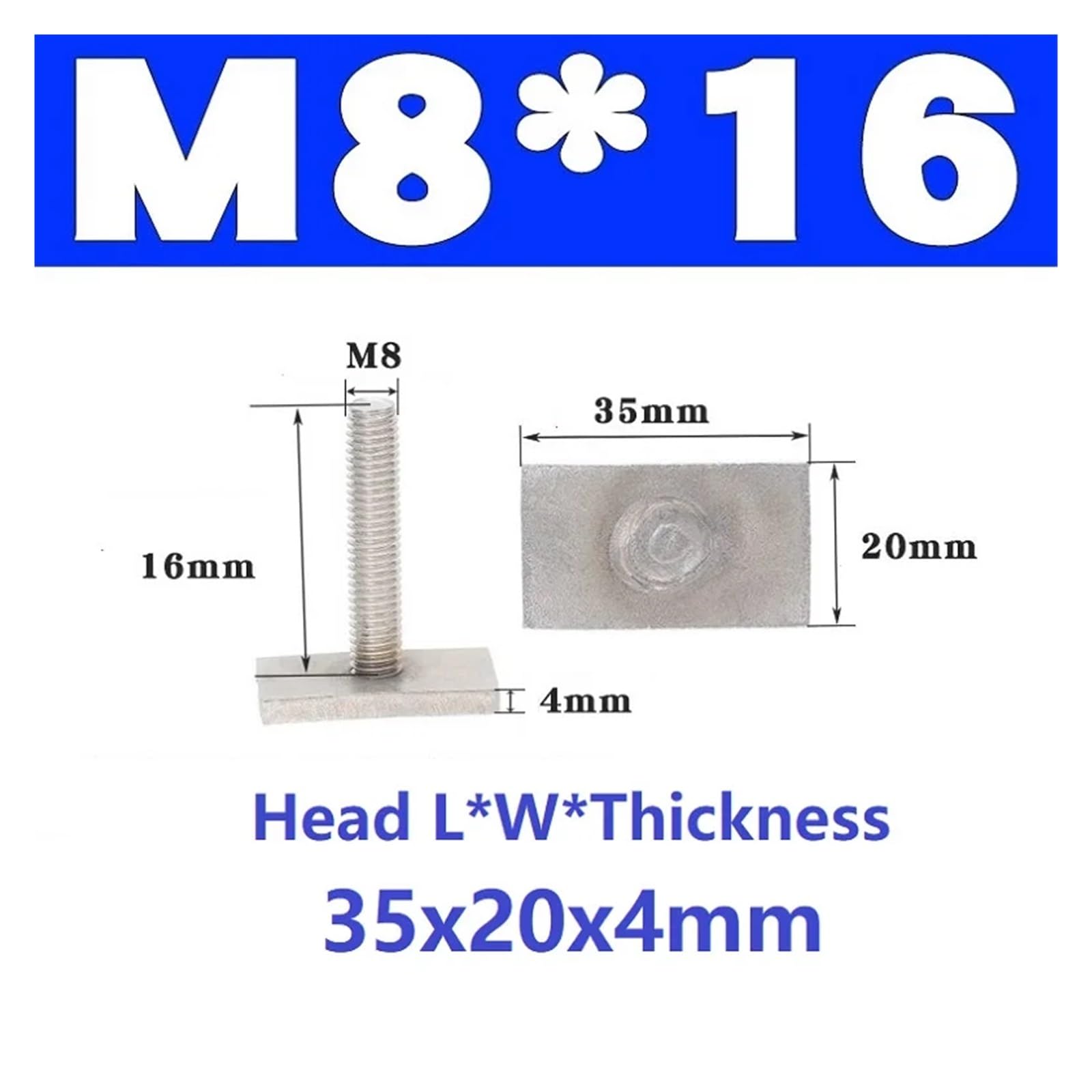 Stahl-T-förmige Schienenbefestigungsschrauben M6, M8, M10 mit Vierkantkopf, Länge 16 bis 50 mm, Edelstahl 304(L25xW25xThick3mm)