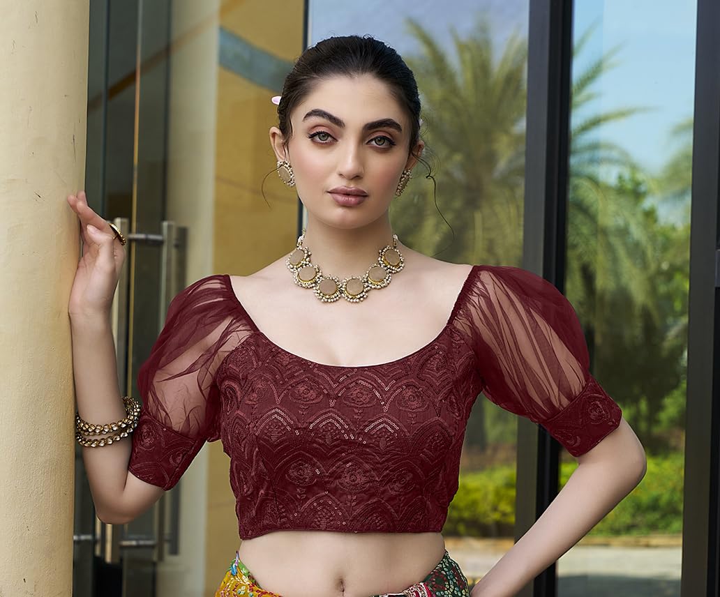 Pujia Mills Womens Net Fabrics Round Neck Puff Sleeve Blouse (Maroon, 38)