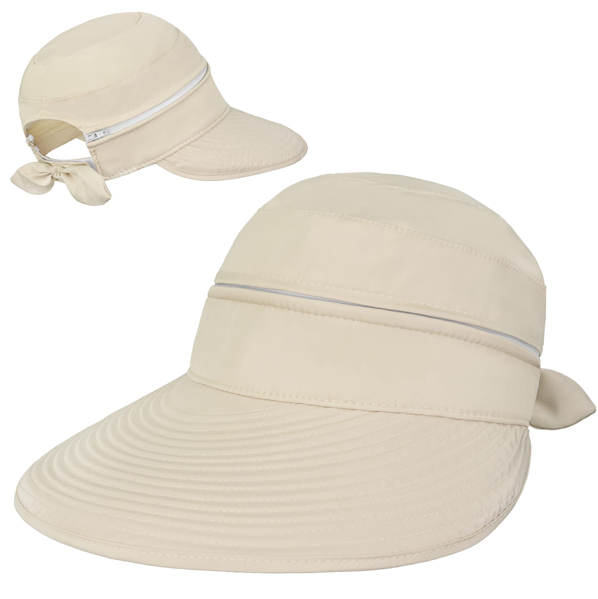 SUN CUBEWomen Sun Hat for Outdoor UV Protection, Wide Brim Sun Hat Ponytail, Convertible Zip-Off Beach Hat Visor