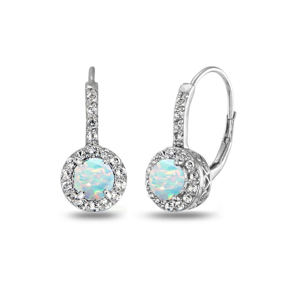 GemStar USASterling Silver Genuine, Created and Simulated Gemstone & White Topaz Round Halo Small Dainty Leverback Earrings