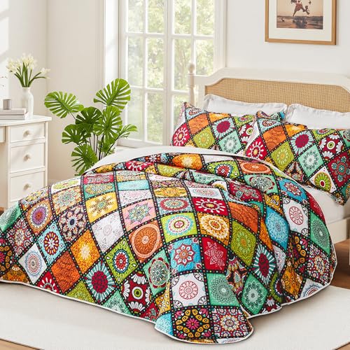 Tyrot 3 Piece Boho Colorful Quilt Set Full/Queen Size Bohemian Reversible Bedding Set Microfiber Lightweight Bedspread Coverlet with 2 Sham Patchwork Mandala Print Bed Covers for All Season, 90''x96'' Tyrot 3 Piece Boho Colorful Quilt Set Full/Queen Size Bohemian Reversible Bedding Set Microfiber Lightweight Bedspread Coverlet with 2 Sham Patchwork Mandala Print Bed Covers for All Season, 90''x96''