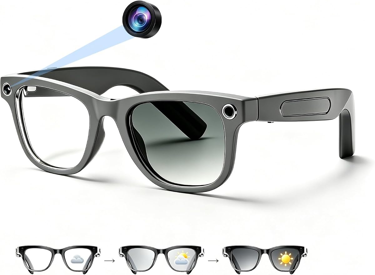 AI Smart Glasses with Camera, 4K Photos & 1080P Video, Photochromic - Gray
