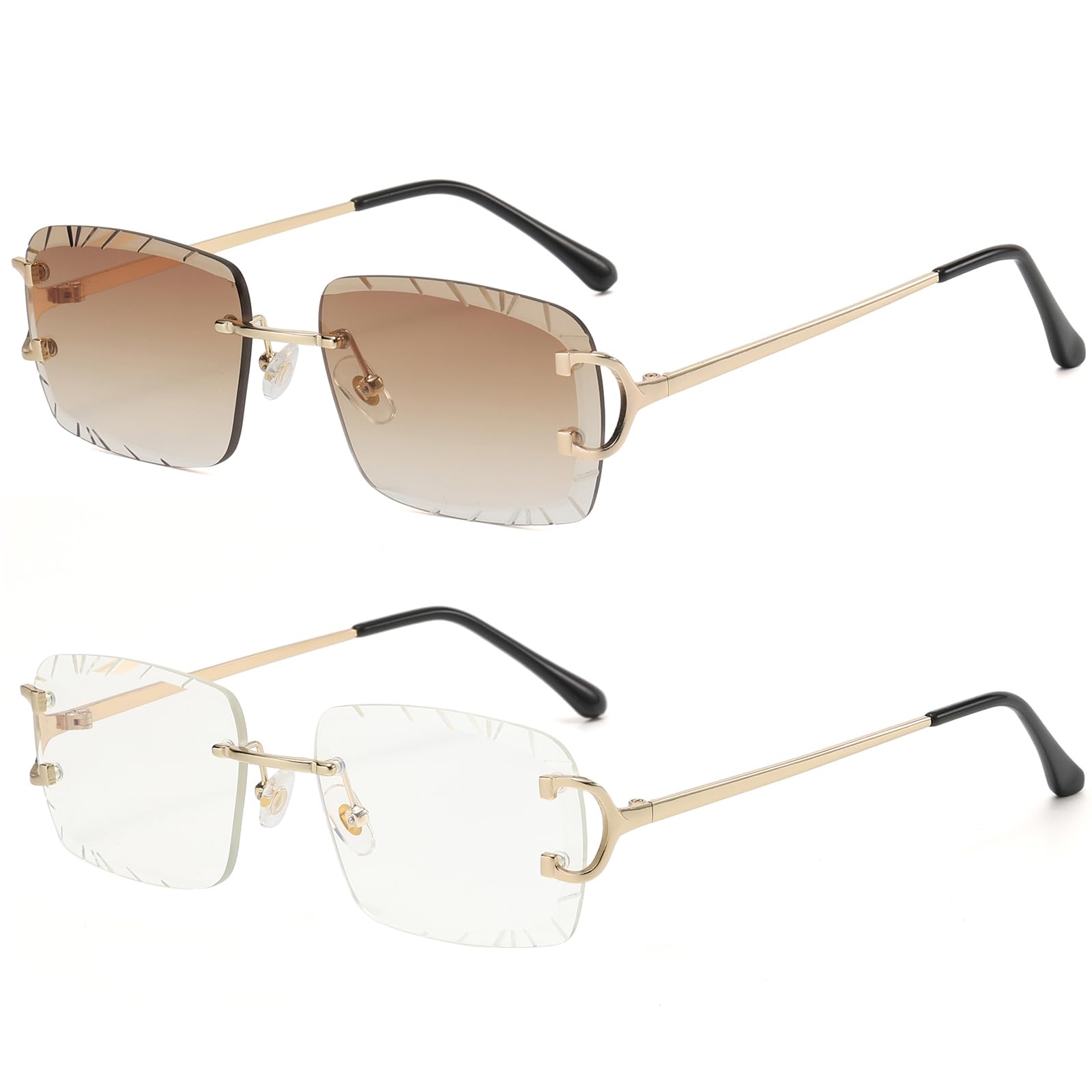 Retro Rimless Rectangle Sunglasses for Men Women Luxury Frameless Square Trendy Shade Diamond Cutting Eyewear