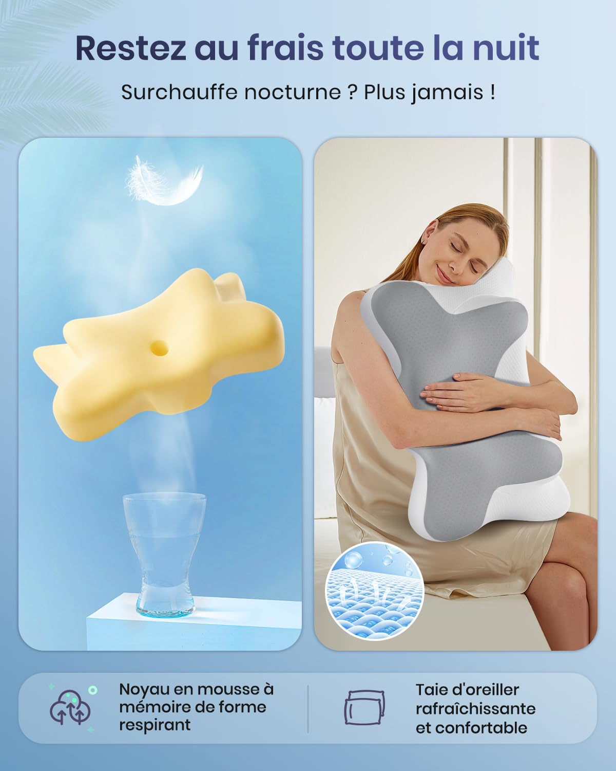 DONAMA Oreiller Cervical Ergonomique Mémoire de Forme, Soutien du Cou, 66x37x13 cm, Gris Blanc