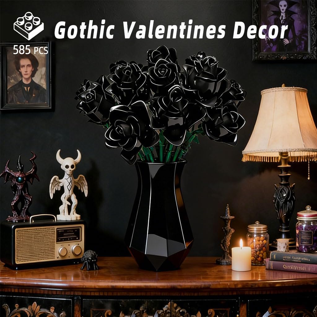 Black Roses Compatible with Lego Roses Bouquet, Valentines Day Gifts for Her Women,Girlfriend, Wife, or Couples, Gothic Decor Legi Flowers（No Vase）