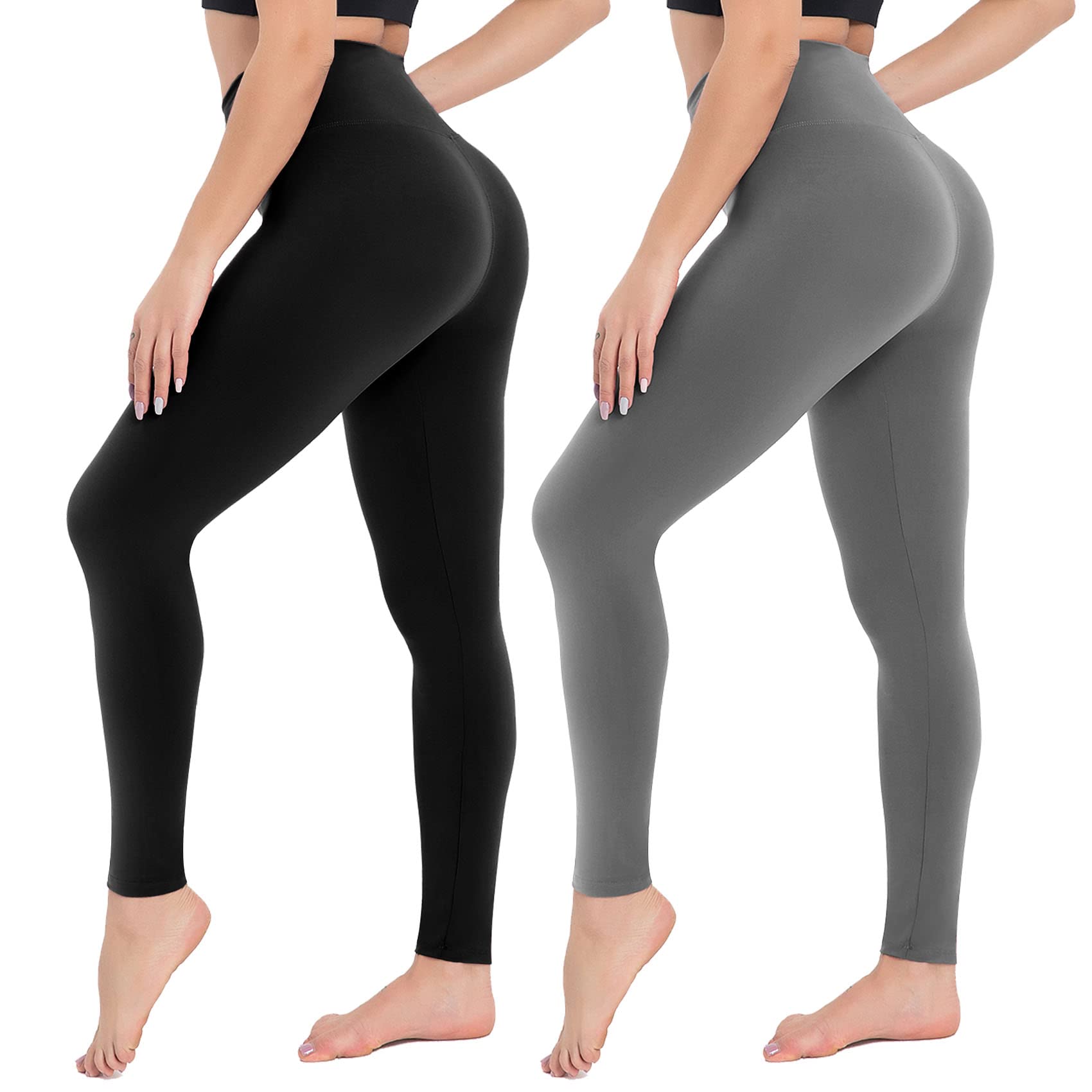 Campsnail Damen Leggings Sporthose mit Hohem Bund - Lang Yogahose Laufhose Fitnesshose Leggins Yoga Sport Leggings Tights für Damen zum Laufen, Radfahren, Fitness-2er Pack- Schwarz& Dunkelgrau-42-48