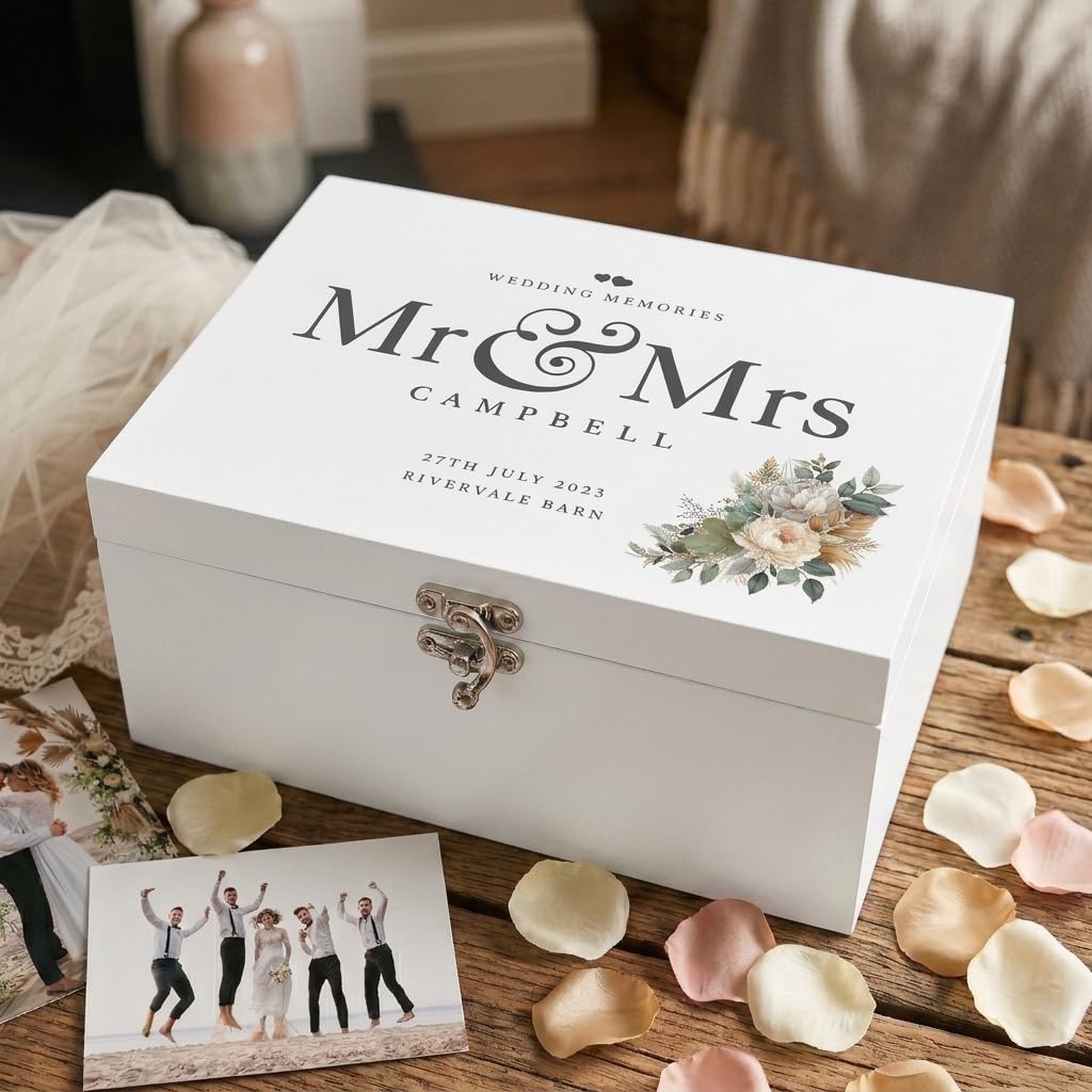 Caja de recuerdos de boda personalizada de madera blanca con flores bohemias | Apellido, lugar y fecha | regalo de boda | 22 x 15 x 10 cm