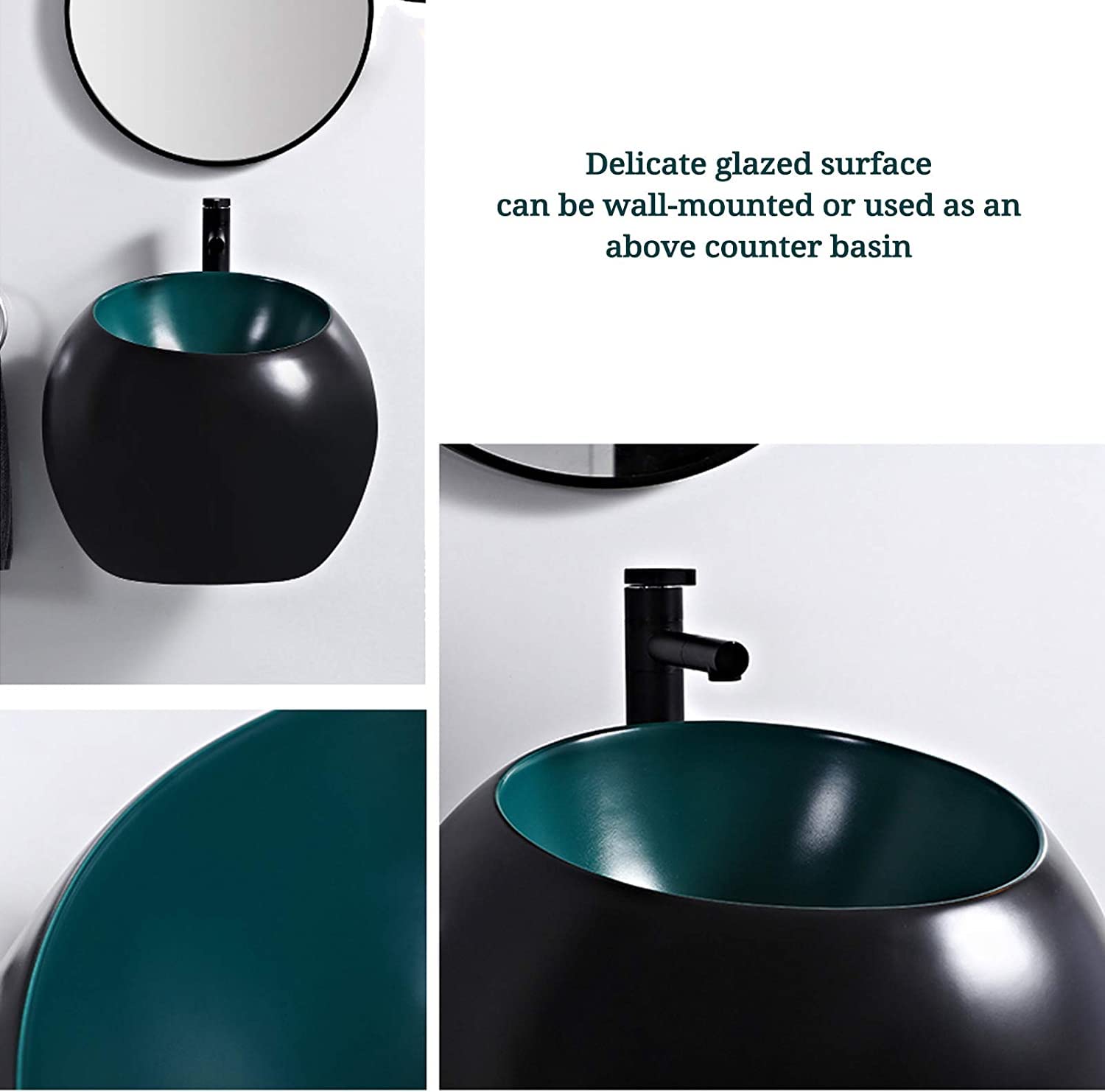 Ceramiczna Umywalka Łazienkowa Mała Kulista Umywalka Łazienkowa Montowana Na Ścianie Ceramiczna Umywalka Nablatowa Z Odpływem Typu Pop-Up, 520X520X430 Mm, Poma,Green