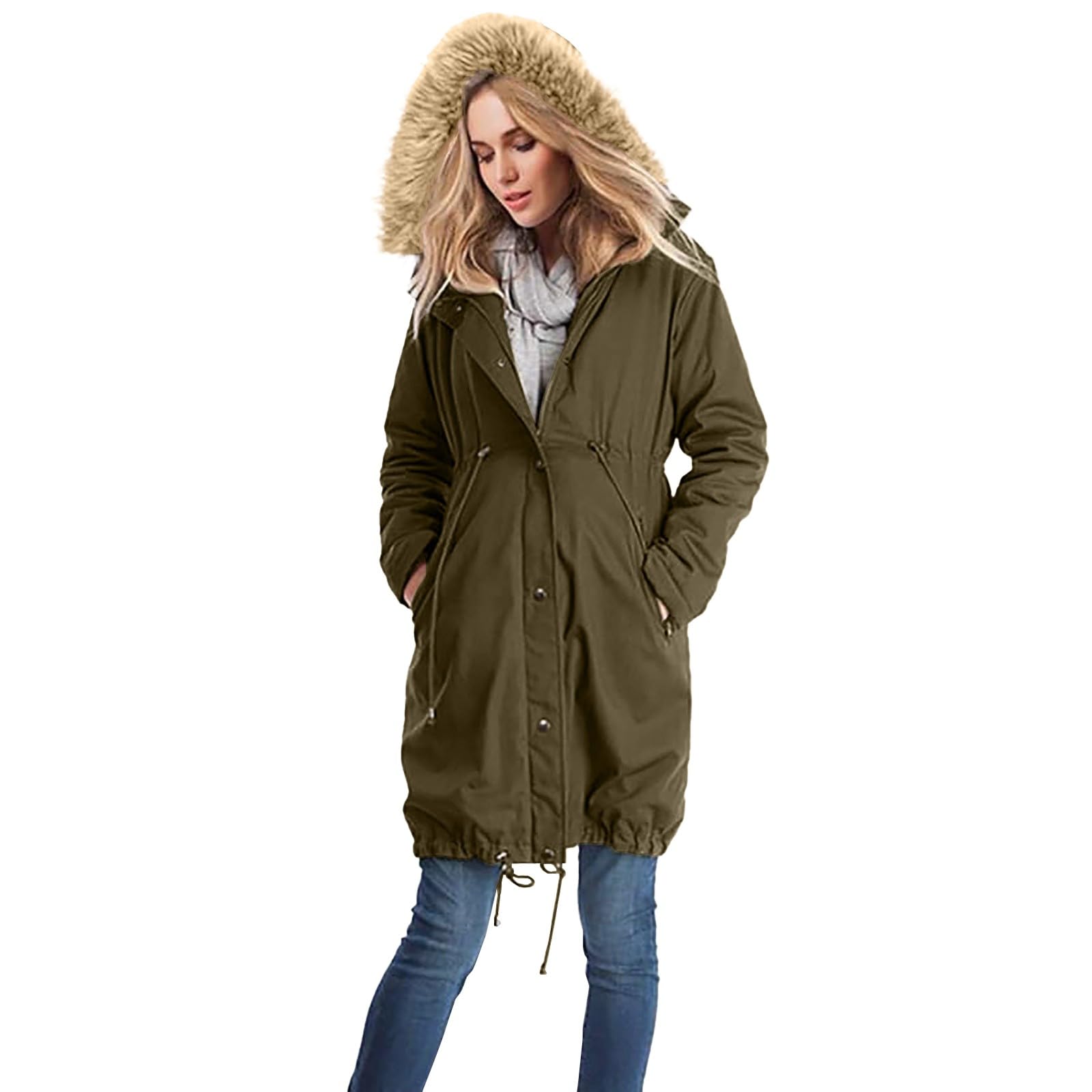 Chaqueta De Maternidad Con Inserción Para Bebé Versátil Abrigos De Algodón 3 En 1 Invierno Longitud De La Rodilla Con Cordón Ajustable Y Cuello De Piel Chaquetas De Invierno Cálido Chaquetas De