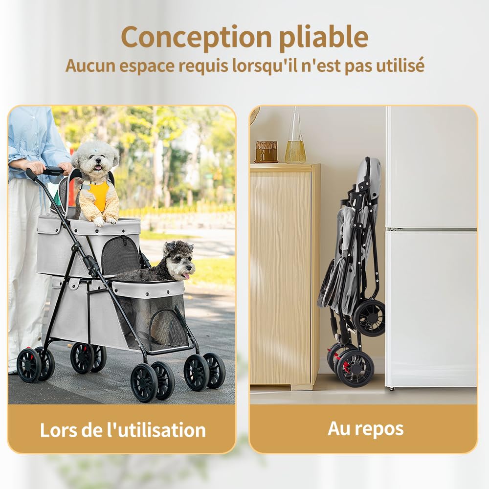 Passeggino a doppio strato, per cani, gatti, animali, viaggi, passeggino, pieghevole, cane, gatto, a quattro ruote, carrozzina, passeggino Buggy, 67 x 50 x 95 cm, grigio