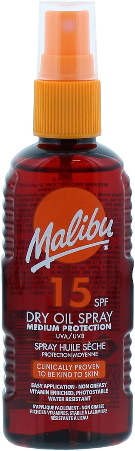 Malibu Waterafstotende, niet-vette droge olie met gemiddelde bescherming, zonnespray, SPF 15,100 ml