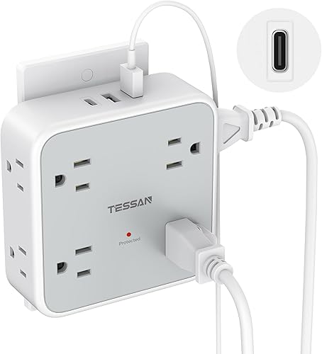 TESSAN - Extensor de toma de corriente múltiple con 8 enchufes y 3 USB (1 USB C), protector de sobretensiones de pared con interruptor de