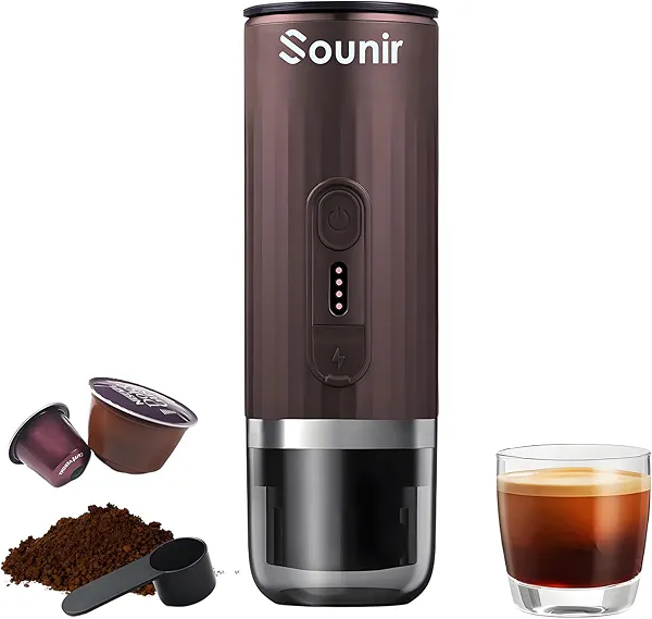 Sounir Portable Espresso Machine & Coffee Maker for Camping, Travel, Office - Self-Heating, USB-C Charger, Compatible NS Capsule & Ground Coffee (Coffee Brown)