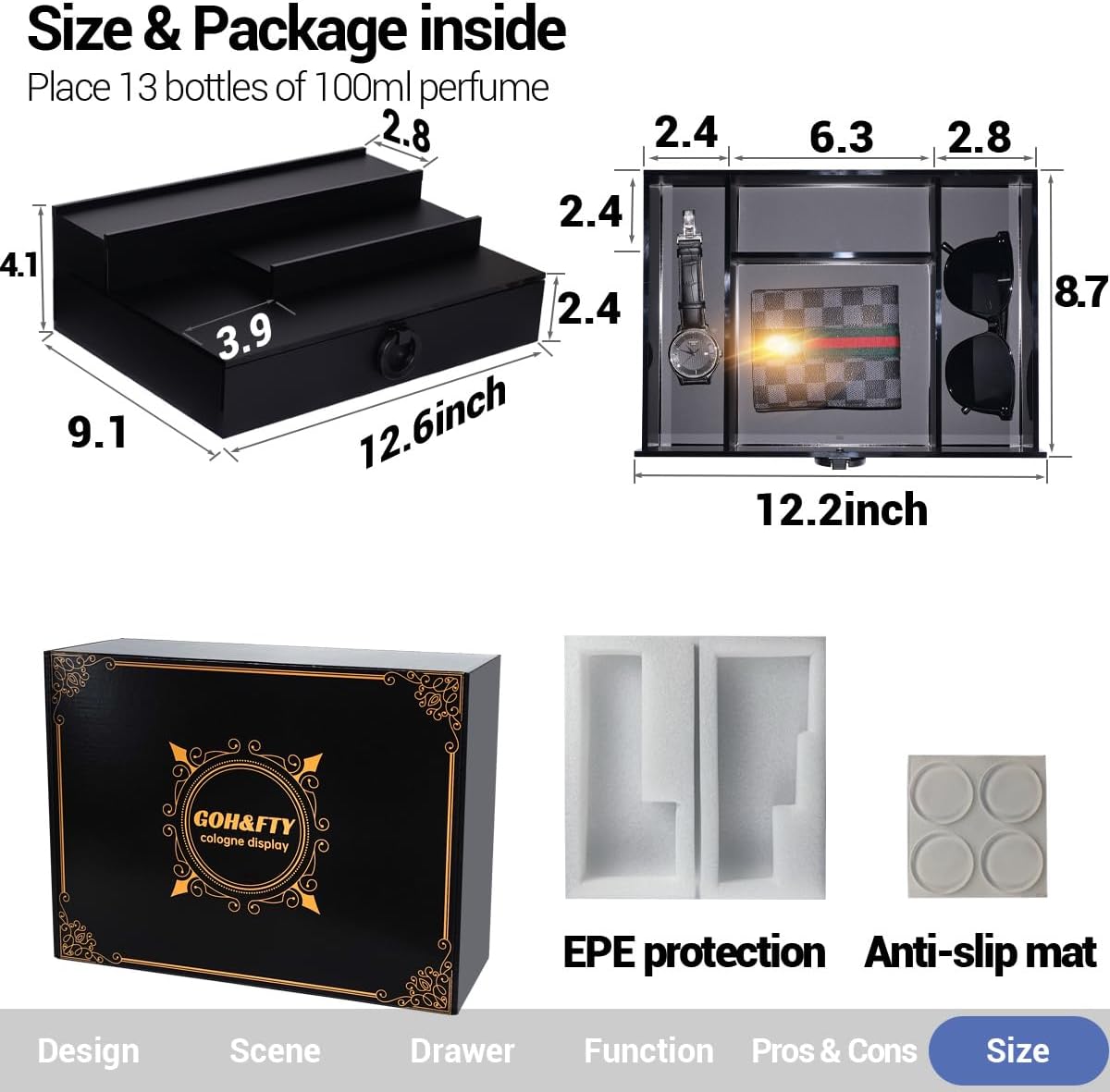 GOH&FTY Cologne Organizer for Men, 3-Tier Perfume Display Stand with Hidden Compartment, Waterproof 5MM Matte Black Acrylic, Smooth Drawers Holds 13+ Bottles, Luxury Dresser/Bedroom Decor Gift