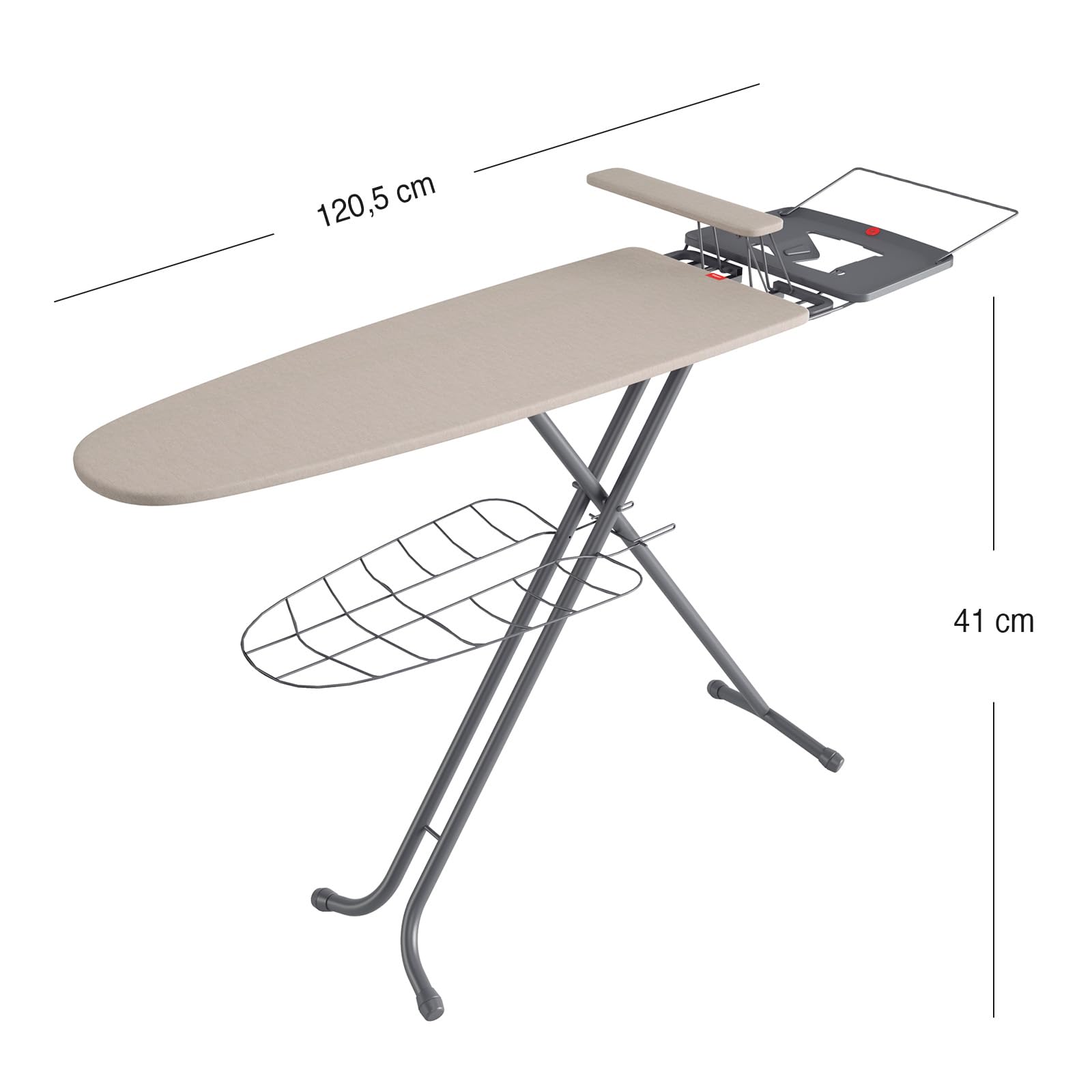 Rayen | Tabla de planchar | Gama Premium | Funda con muletón | Tabla de planchas con bandeja para la ropa | Plancha-mangas integrado | Dimensiones: 120,5 x 41 cm