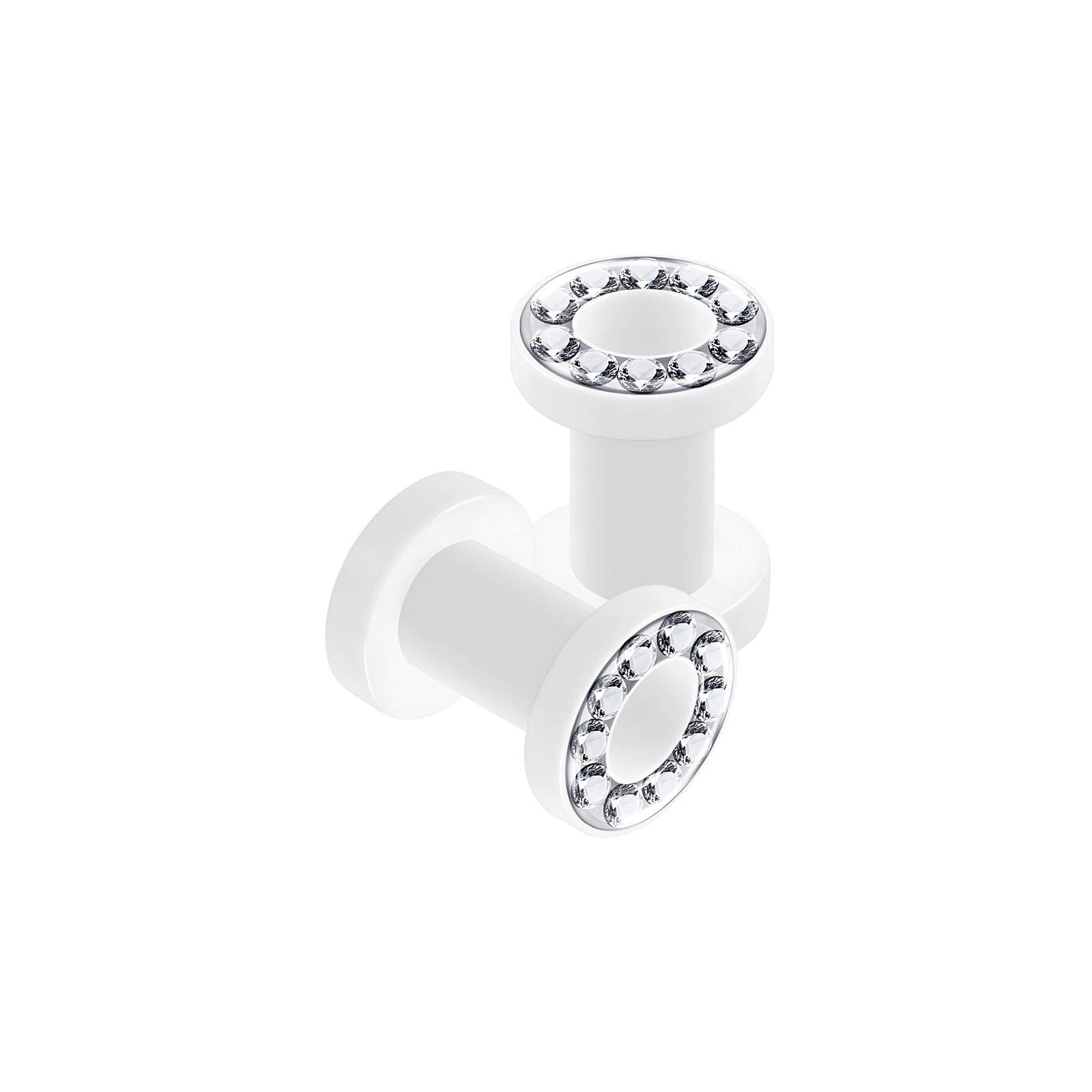 KJM FASHION 2PCS Acrylic White Flesh Clear Crystal Studded Rim Earring Stretcher Ear Tunnel Gauges Lobe Piercing Jewelry Choose Sizes