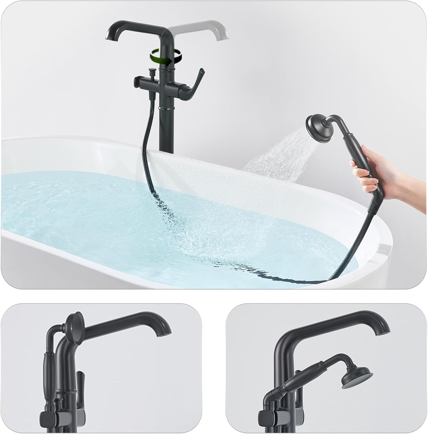 Luxury Free Standing Tub Faucet, Classic Brass Freestanding Bathtub Faucet, Lexdale Bathroom Floor Mount Tub Filler with handheld Sprayer Supply Lines Included Matte Black (LD8911-BK)
