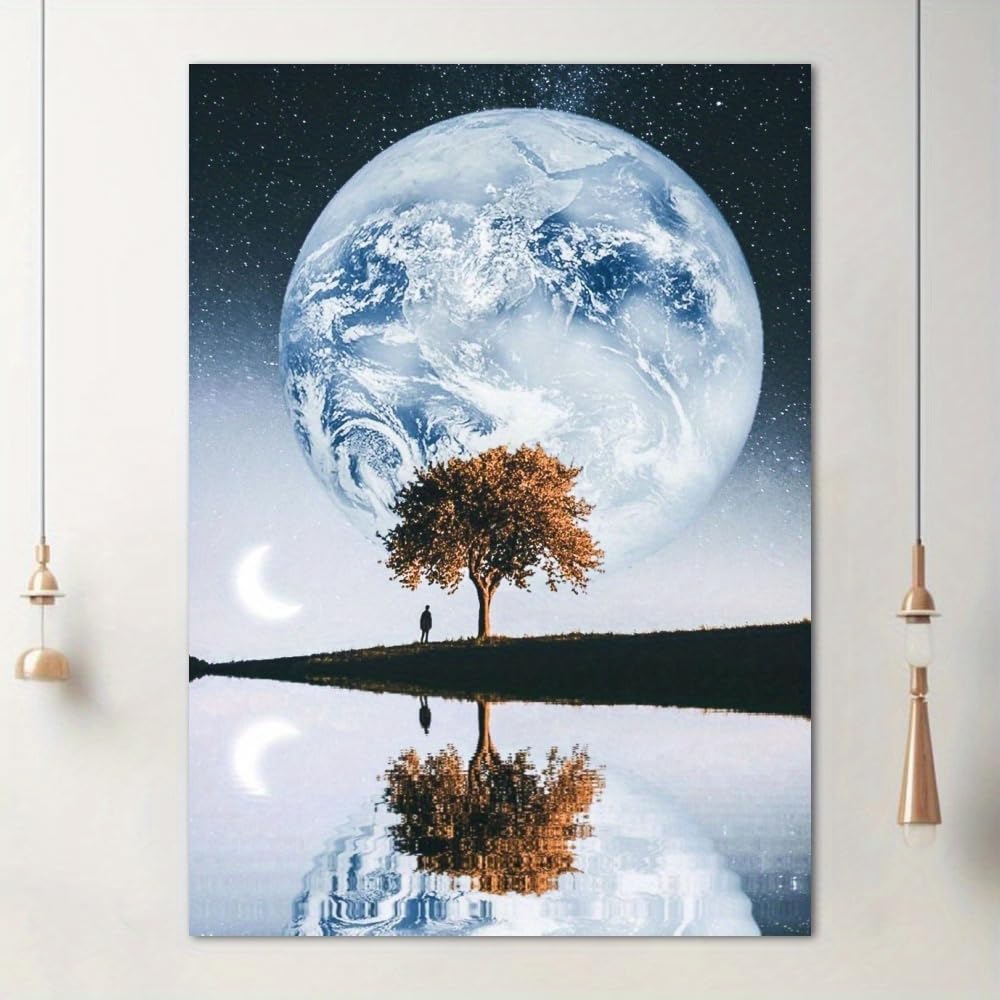 CWZBFEH 1pc Serene Night Sky Canvas Wall Art - Starry Blue & Full Moon Reflection, for Living Room, Bedroom(55x75cm/No frame)
