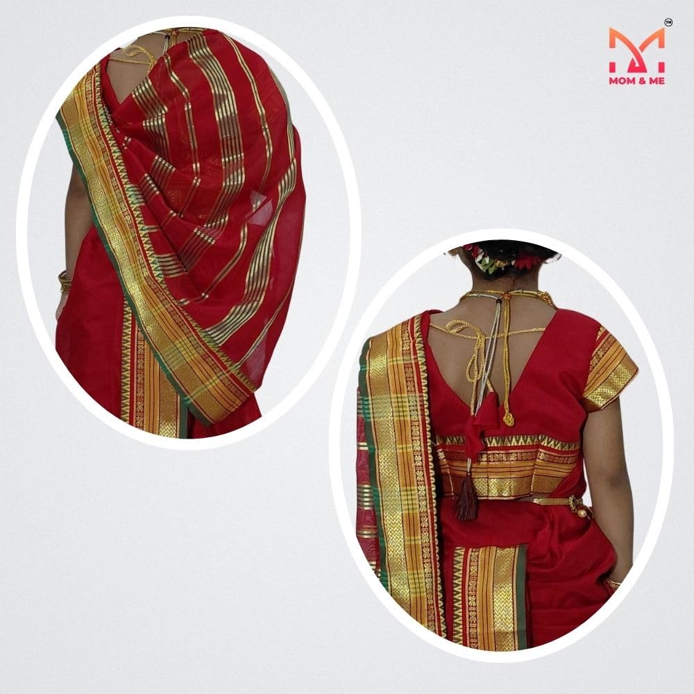 Mom and Me Girls' Ready-to-Wear Mastani Nauwari Saree with Stitched Blouse | Traditional Maharashtrian Ilkal Border | Soft Acrylic Cotton | Age 12 Months to 15 Years (Red, 5-6 Years) - Image 5 thumbnail