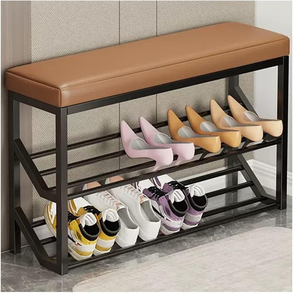 GYEQXKT Shoe Storage Bench with Metal Shelves, 2-Tier Entryway Organizer, Functional Shoe Rack with Seat for Hallway