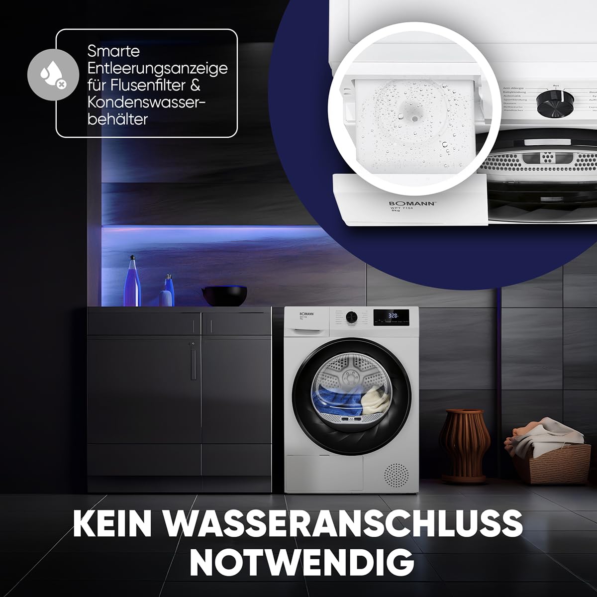Bomann® Wärmepumpentrockner 8kg | kein Wasseranschluss nötig | Trockner m. Antiknitterfunktion | Wäschetrockner 15 Programme | Kondenstrockner | umweltfreundliches Kühlmittel R290 | WPT 7154 weiß