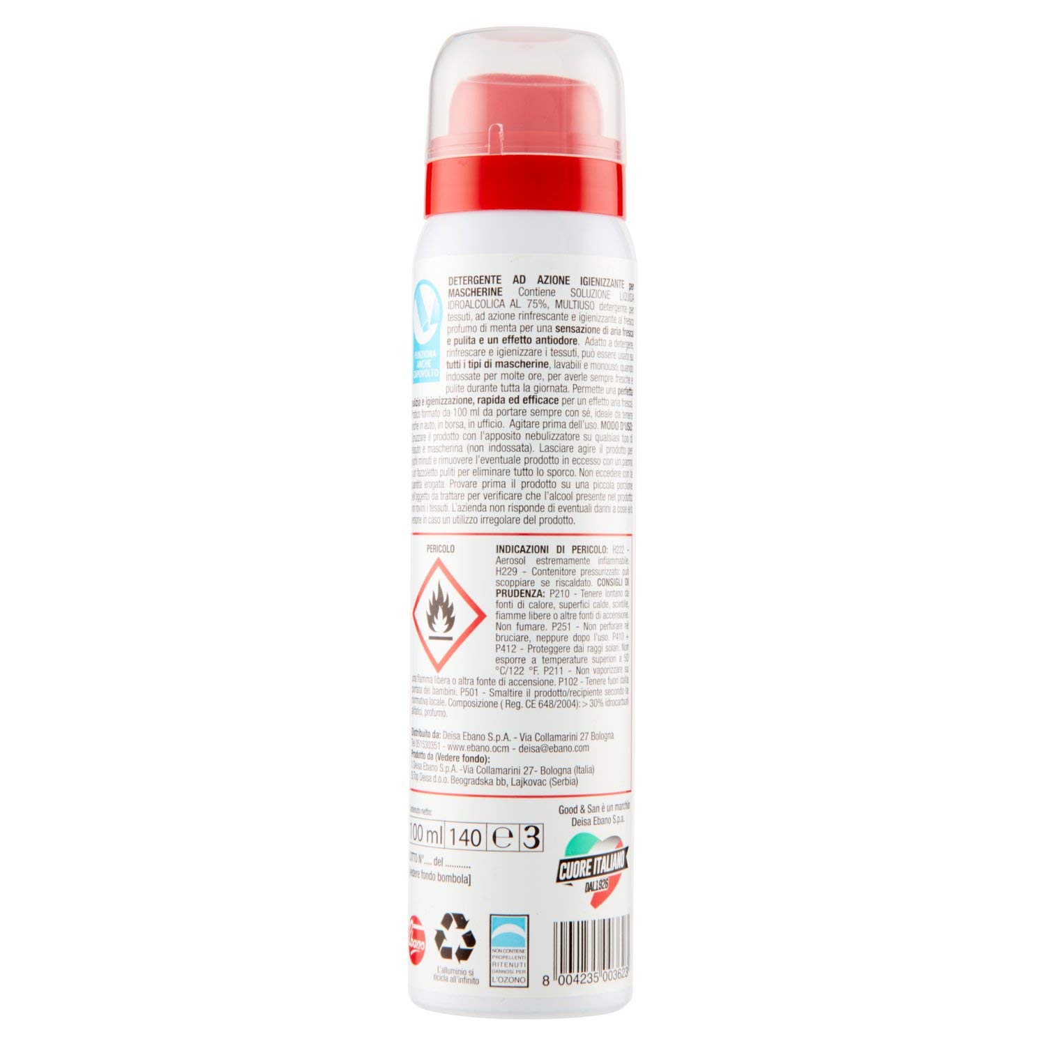 Good & San Mask, Spray Igienizzante Rinfrescante Mascherine, Disinfettante per Mascherina, Contiene Alcool al 75%, Azzurro, al Profumo di Menta, 100 ml