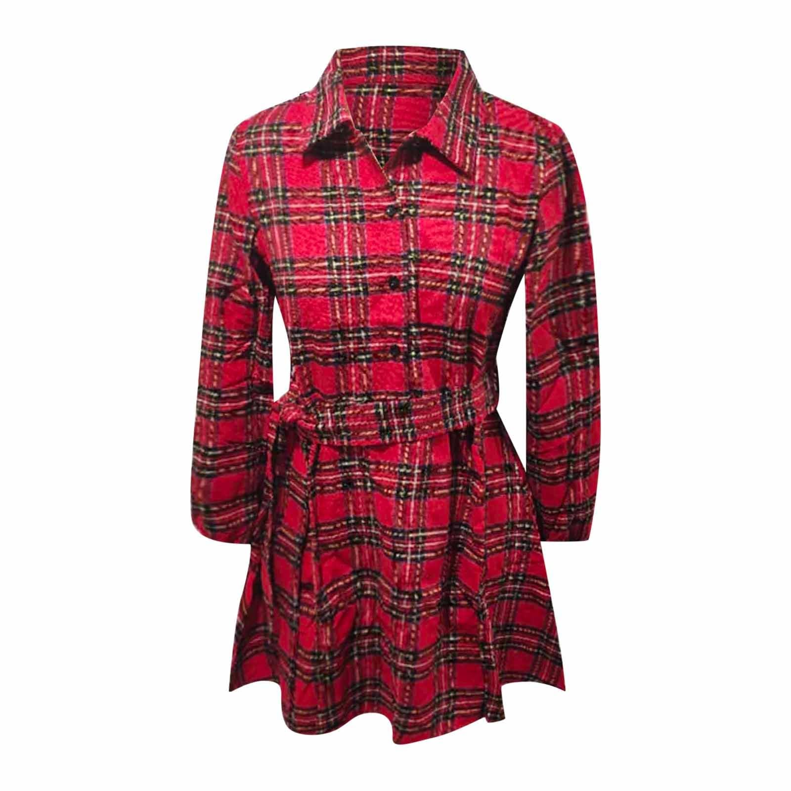 2026 Chemise boutonnée décontractée à Manches Bouffantes et Motif écossais Style Tunique Confortable pour Quotidien Longue Polyvalente dotée de Poches Avant Ceinture Parfaite pour Printemps (Red, M)