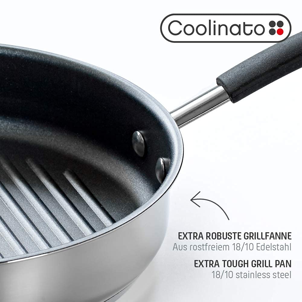 Coolinato Grillpfanne rund 26cm, Pfanne beschichtet für Induktion und andere Herde, Steakpfanne ofenfest spülmaschinengeeignet