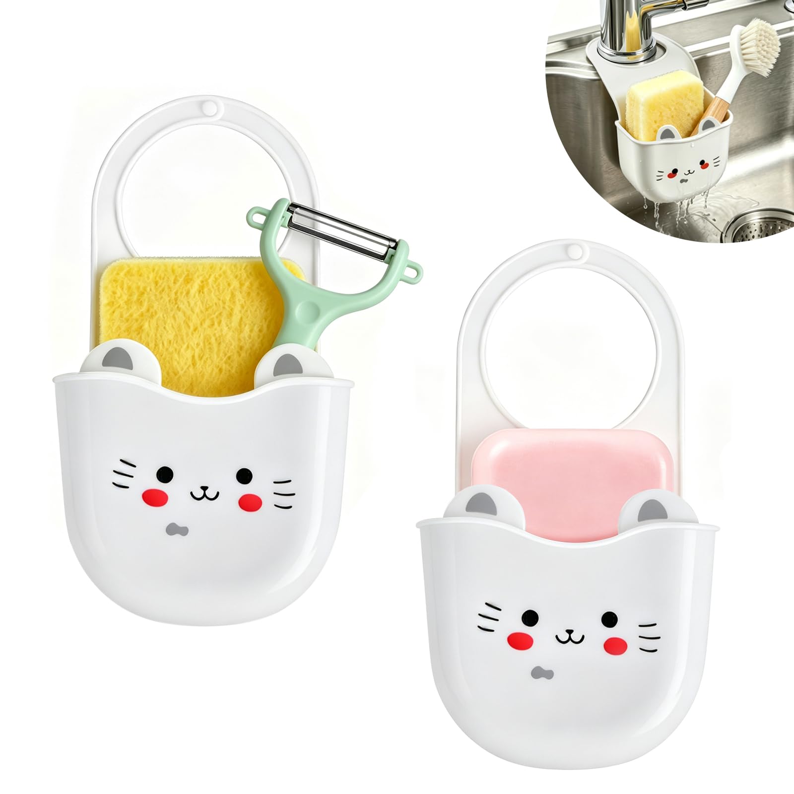 Minicoco Kitchen Sink Sponge Holder 2PC Hanging Sink Dish Wash Caddy Soap Drain Basket with Snap Design Portable Kitchen Sink Tidy Organizer Storage Accessories Drainage Caddy (Cat White)