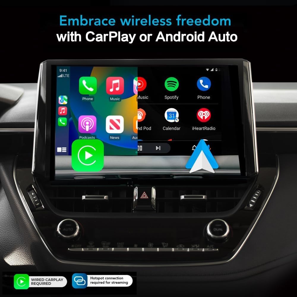 Car infotainment screen showing Apple CarPlay interface with various app icons.