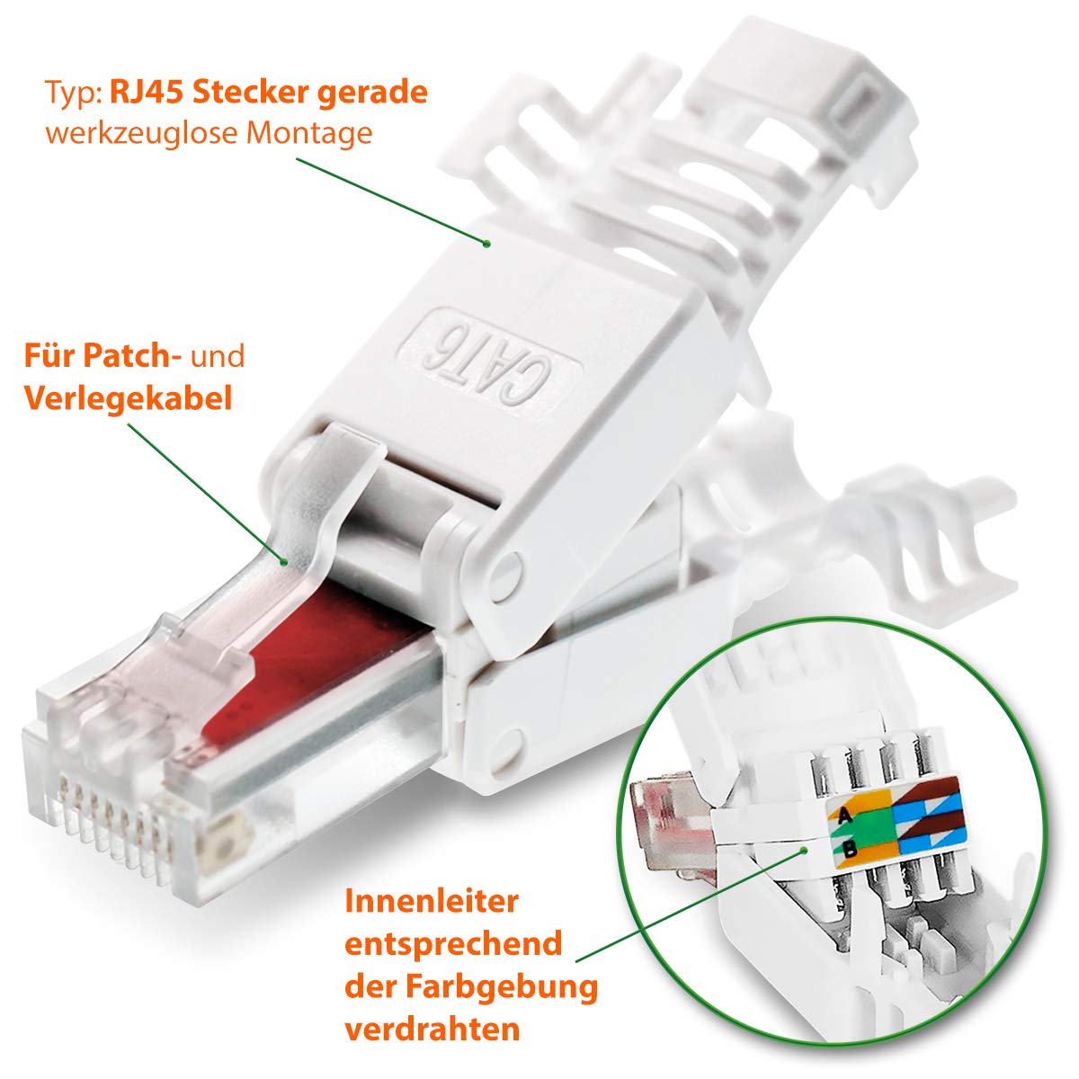 100 Stück Netzwerkstecker werkzeuglos RJ45 CAT6 LAN UTP Kabel Stecker ohne Werkzeug werkzeugfrei CAT5 CAT7 Verlegekabel Patchkabel Netzwerkkabel Toolless Modular Plug Connector Crimpstecker
