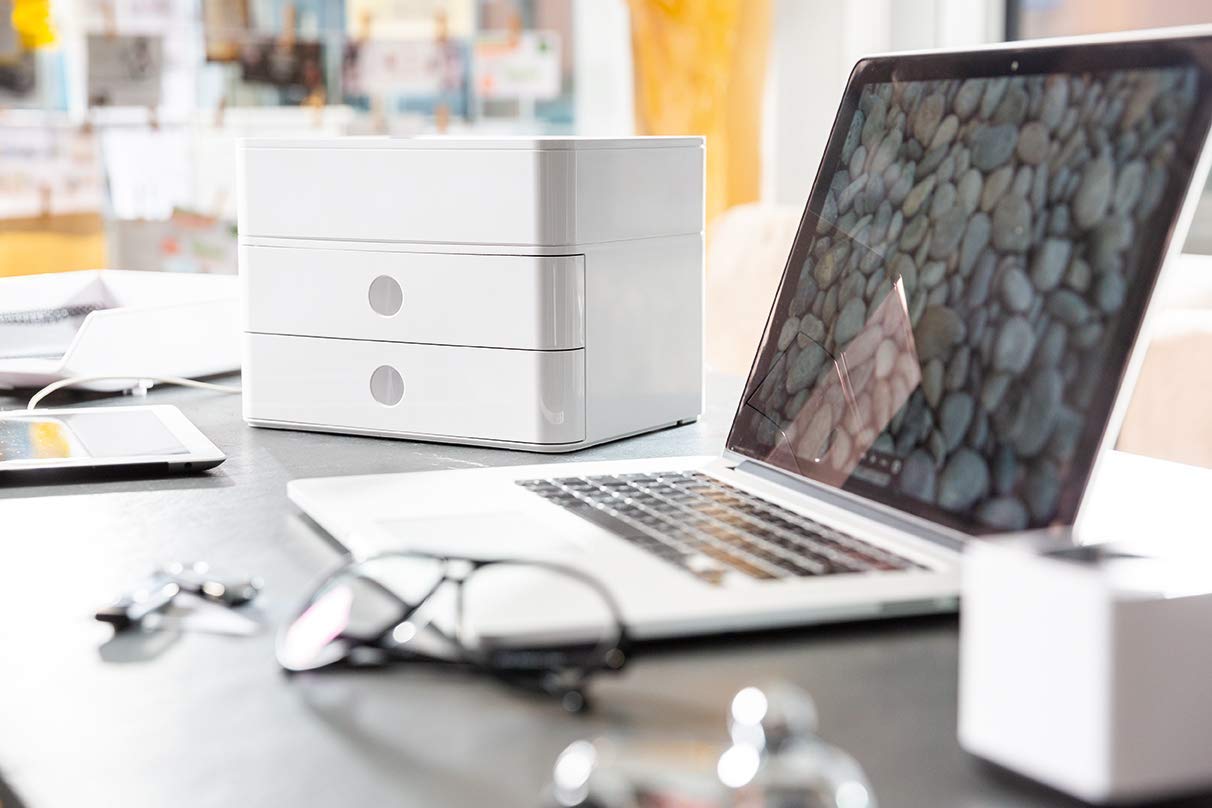 HAN Schubladenbox Allison SMART-BOX plus mit 2 Schubladen, Trennwand sowie Utensilienbox, inkl. Kabelführung, stapelbar, Büro, Schreibtisch, Küche, möbelschonende Gummifüße, 1100-12, hochglänzend weiß