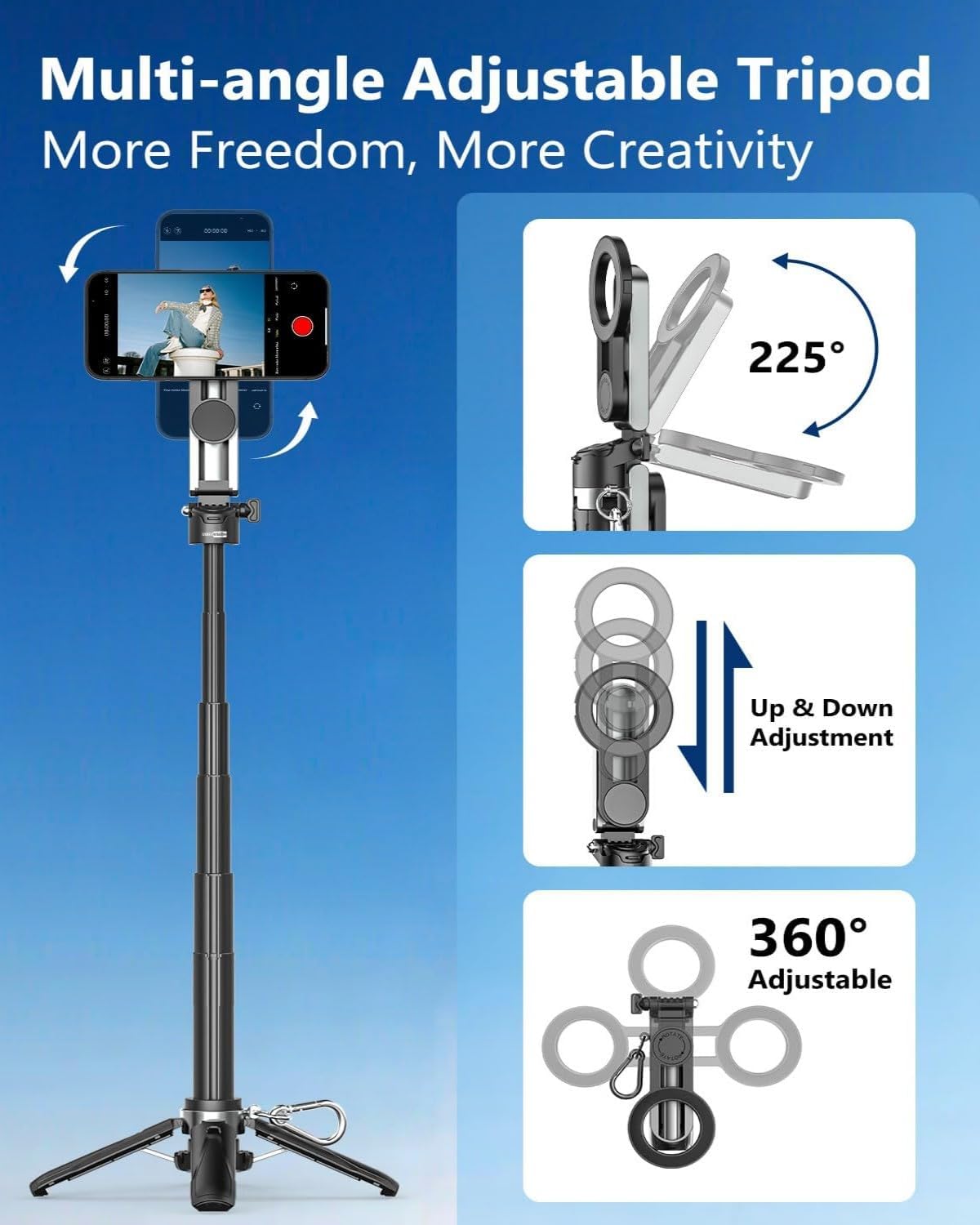 Magnetic Mini Selfie Stick Tripod for iPhone & Android, 16.5" Pocket Size 4-in-1 Phone Tripod Stand with Rechargeable Remote & Hook, 360° Rotation for Desk Travel TikTok Vlogging