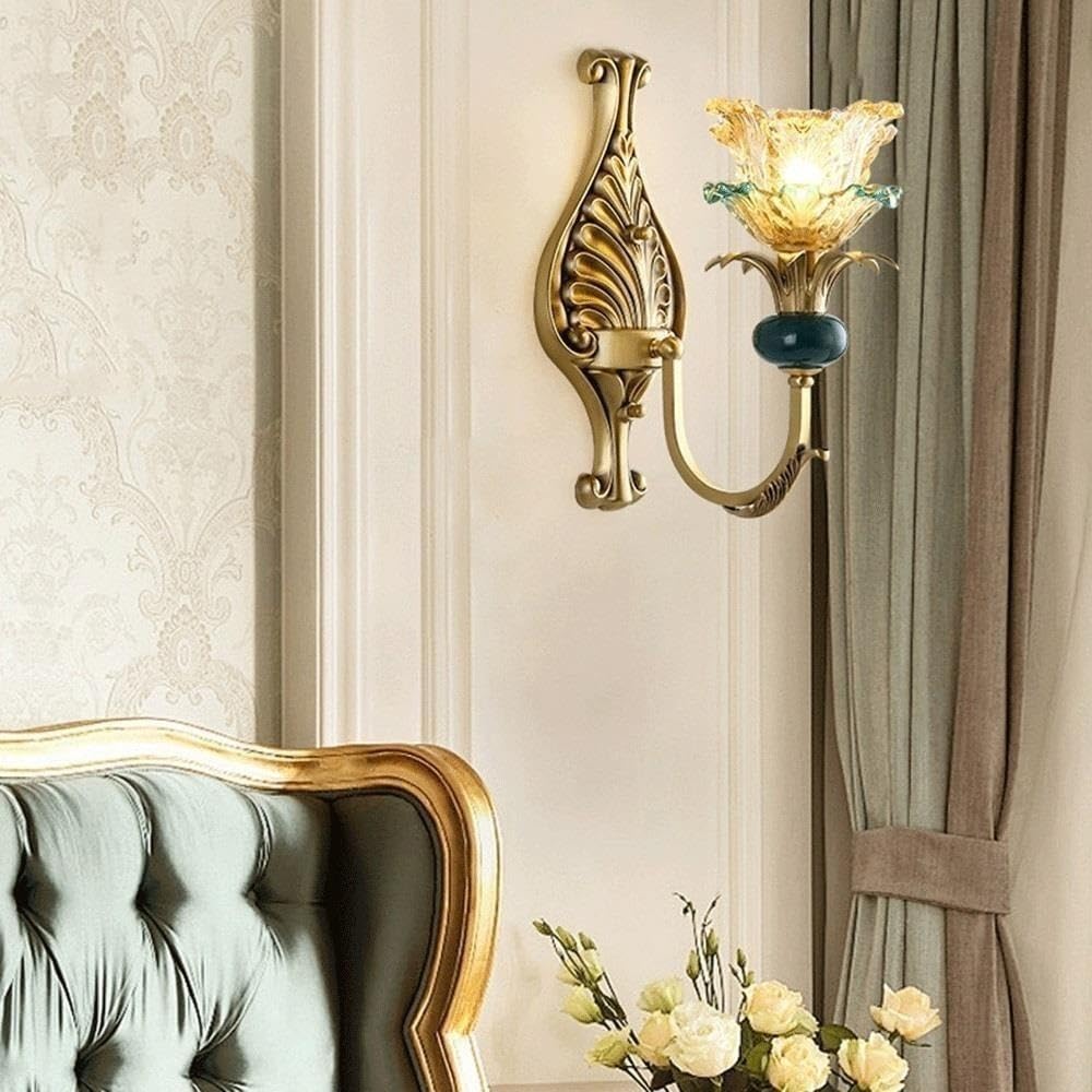 Aplique de Pared de Cristal Floral, Lámpara de Vela Francesa de Latón E14/Luz Cálida